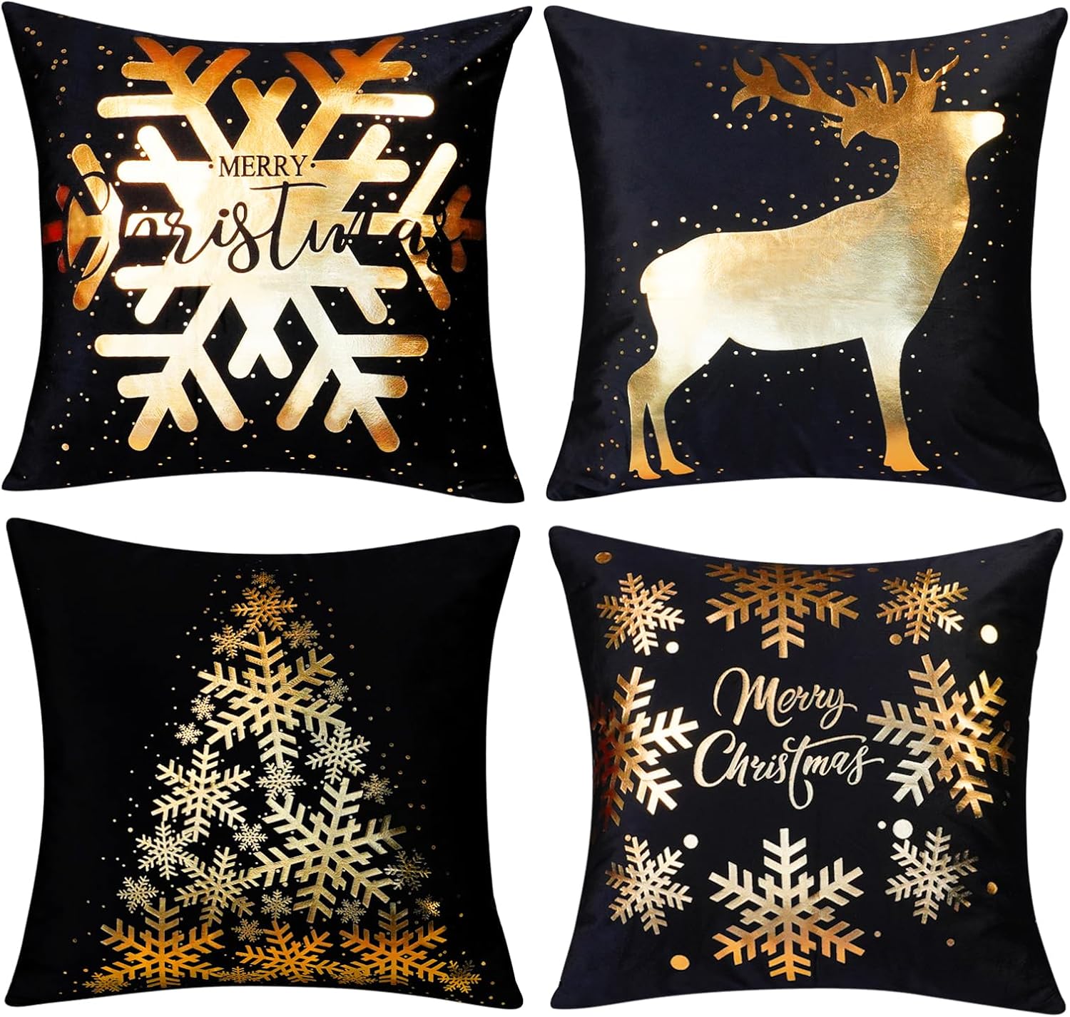 ONWAY Juego de 4 fundas de almohada decorativas de Navidad de 18 x 18 pulgadas, diseño de copos de nieve, renos, decoración dorada para sofá,