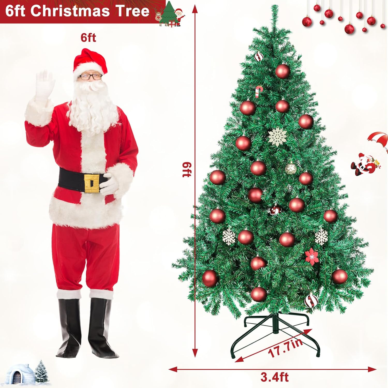 Árbol de Navidad artificial de 1,000 puntas de 6 pies sin luz verde con base de metal Choiana