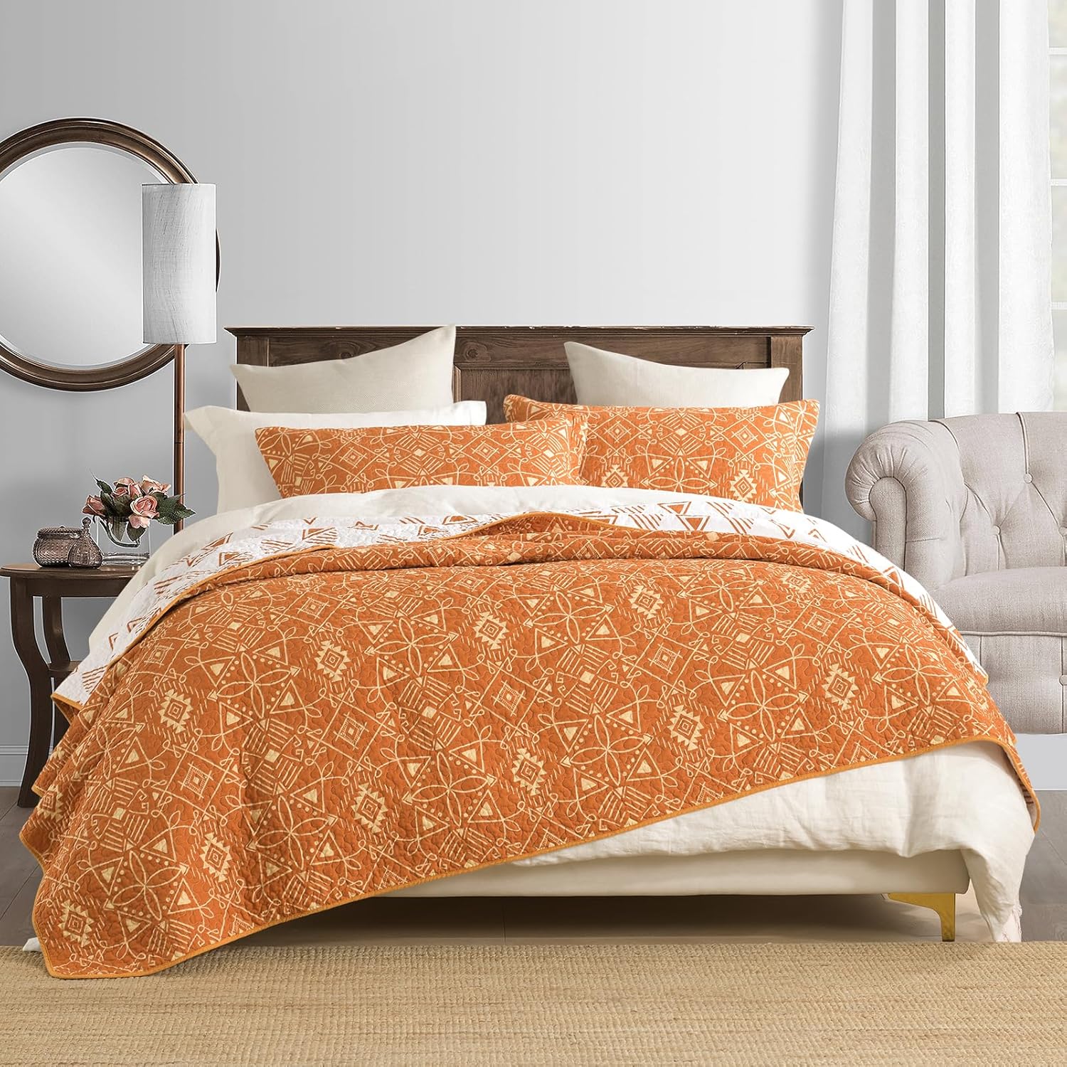 DUOHONG Juego de colcha tamaño King  Juego de colcha de 100% algodón naranja para cama King, 3 piezas geométricas de granja, reversible, rústico,