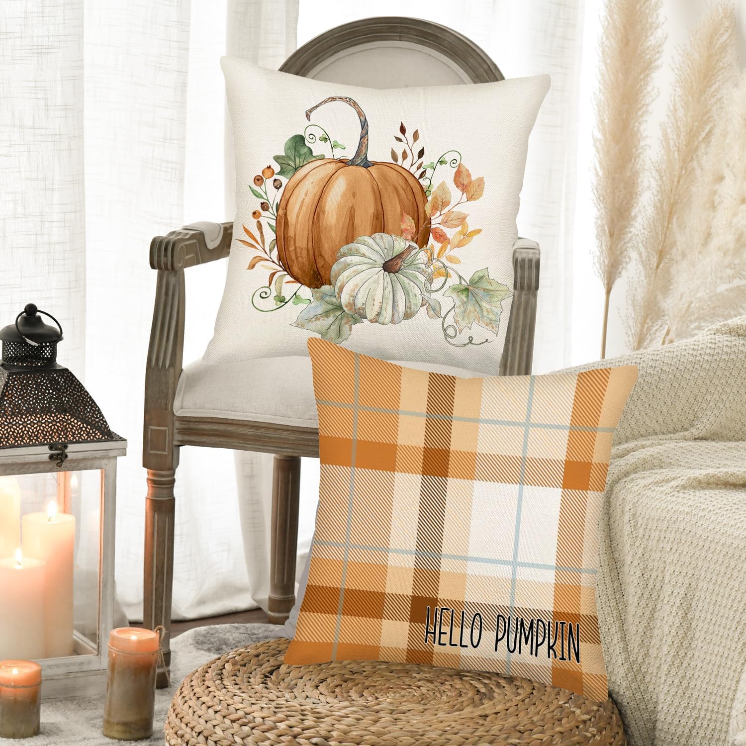 Smilyard Juego de 4 fundas de almohada de Hello Fall Hello Pumpkin de 22 x 22 pulgadas, diseño de búfalo naranja, decoración de otoño, hojas de