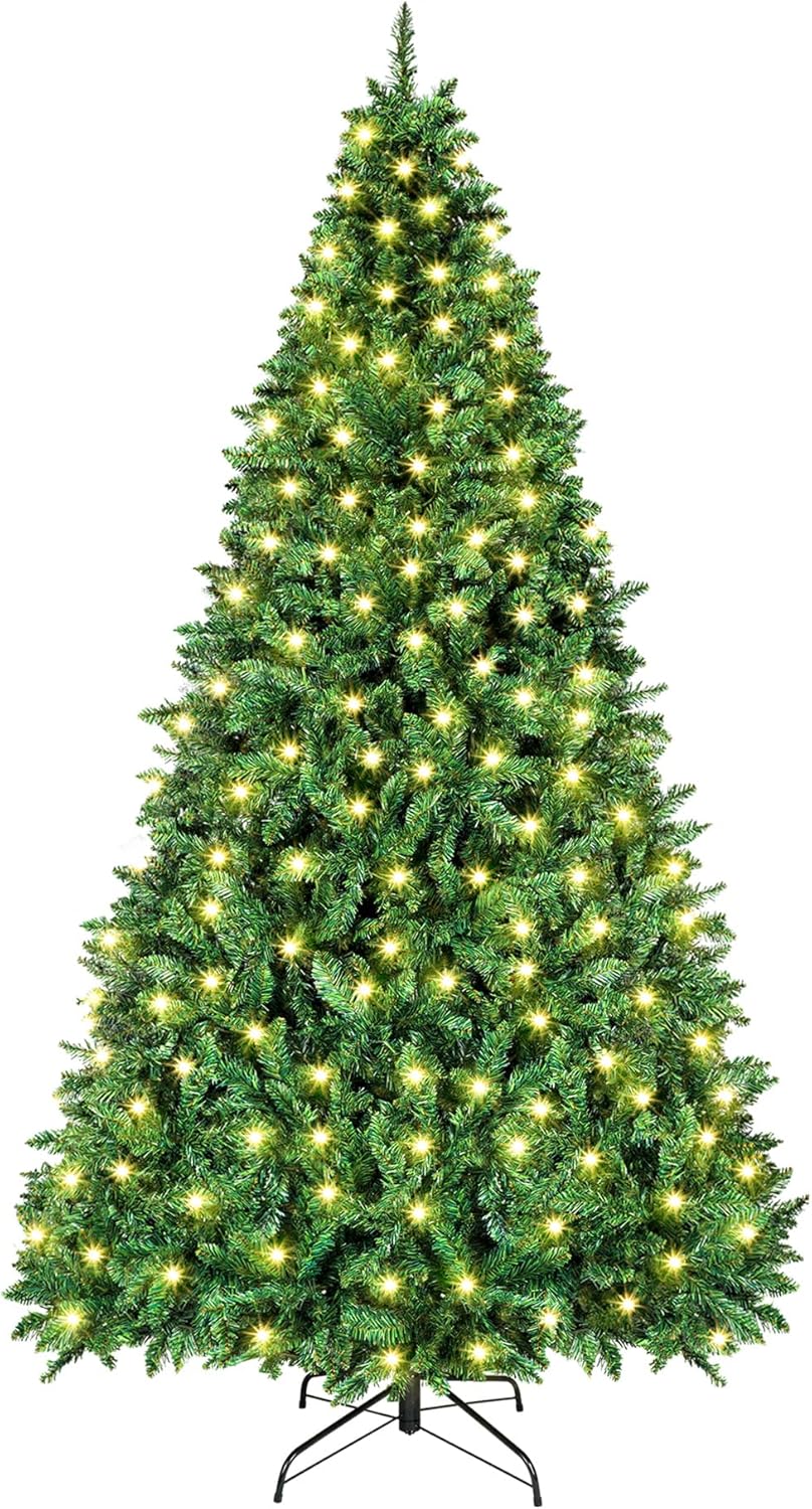 BROVIEW Árbol de Navidad artificial preiluminado de 6.5 pies, pinos de Navidad con bisagras de alta calidad con 400 luces blancas cálidas, 1100