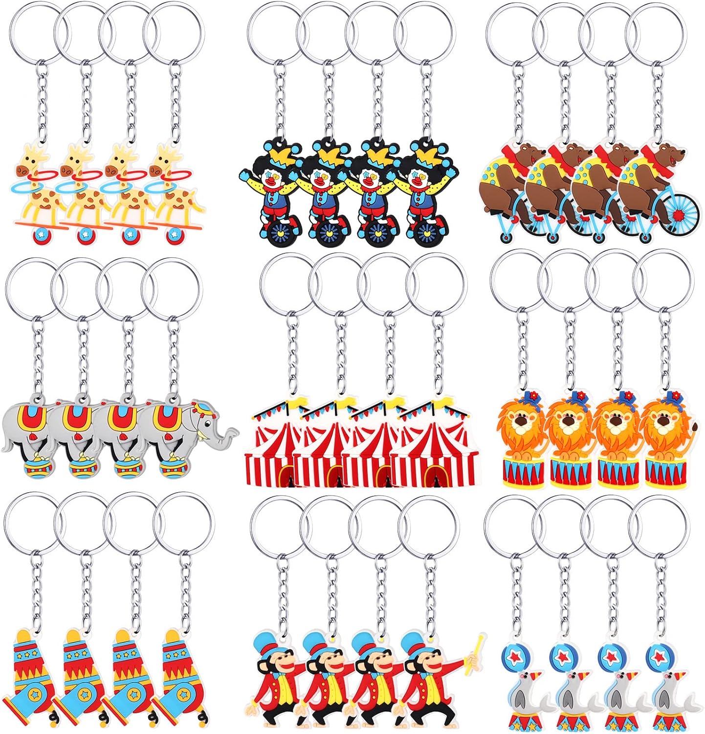 36 llaveros de cloruro de polivinilo para fiestas de carnaval de circo, animales de circo, cañón de payaso, decoraciones de fiesta temática de