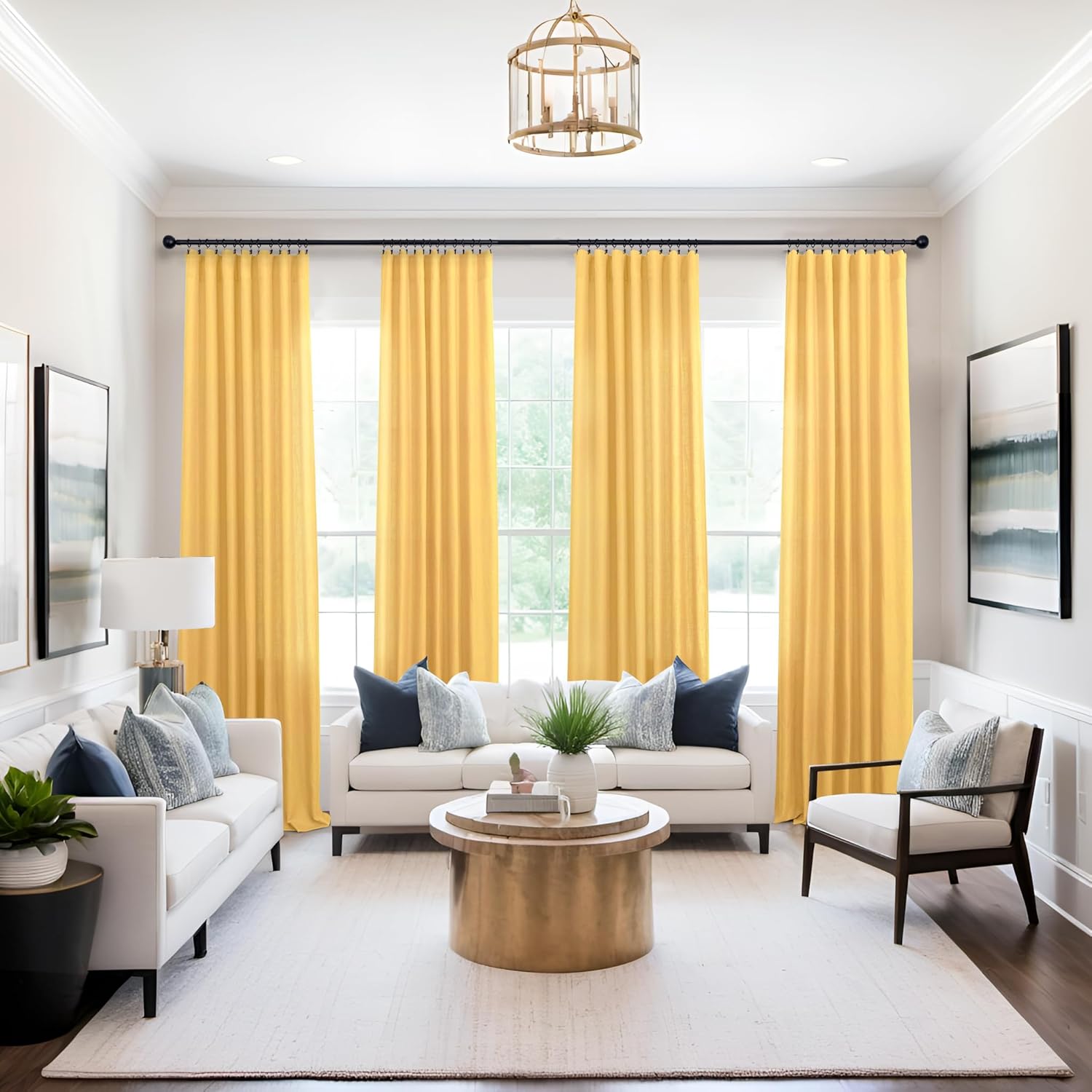 Cortinas de lino amarillo dorado de 108 pulgadas de largo para sala de estar, juego de 2 paneles con bolsillo para barra, cortinas de filtrado de