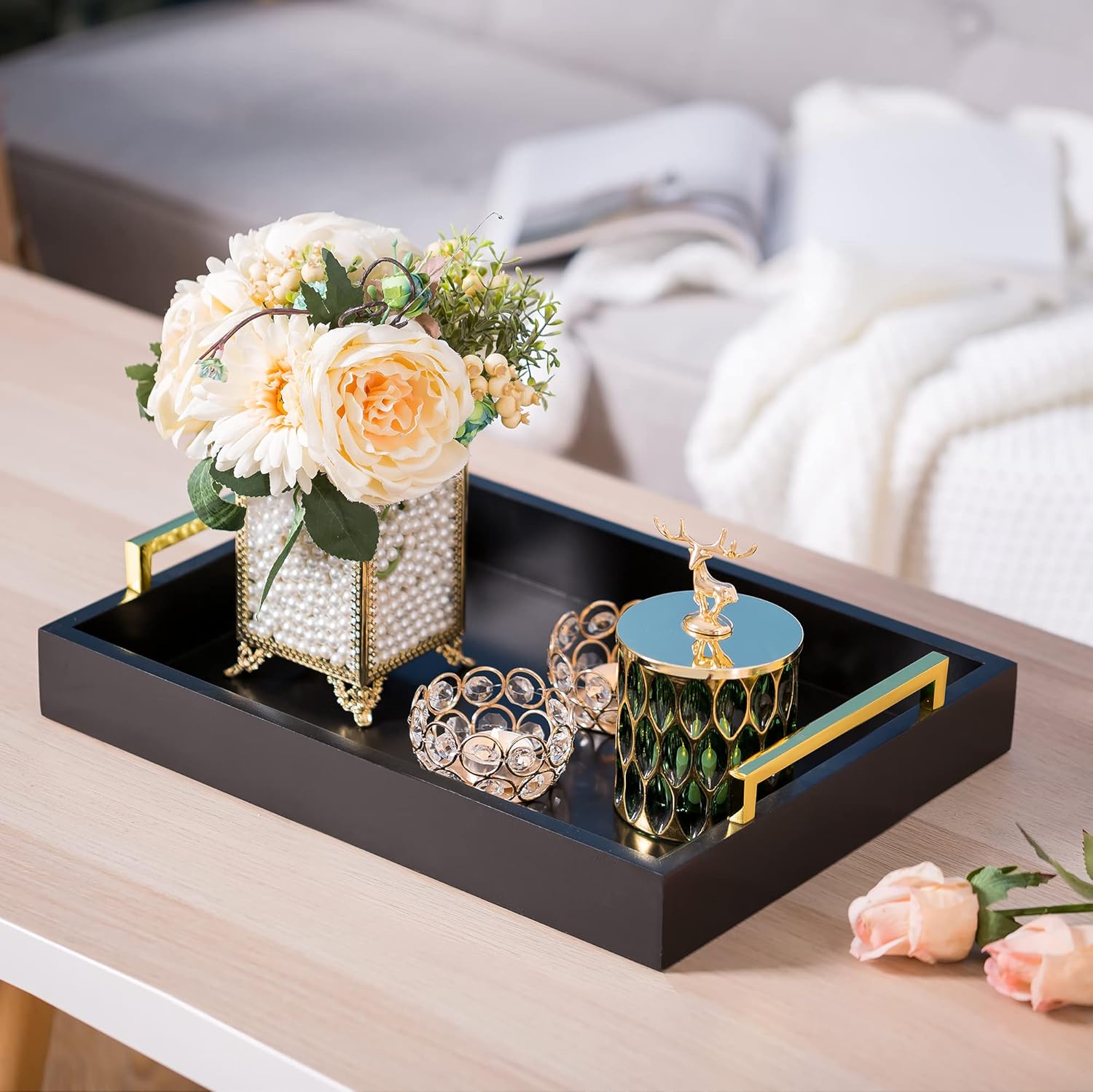 Hanobe Bandejas decorativas negras para mesa de centro, bandeja otomana grande de MDF para sala de estar, baño, cafetería, decoración moderna con