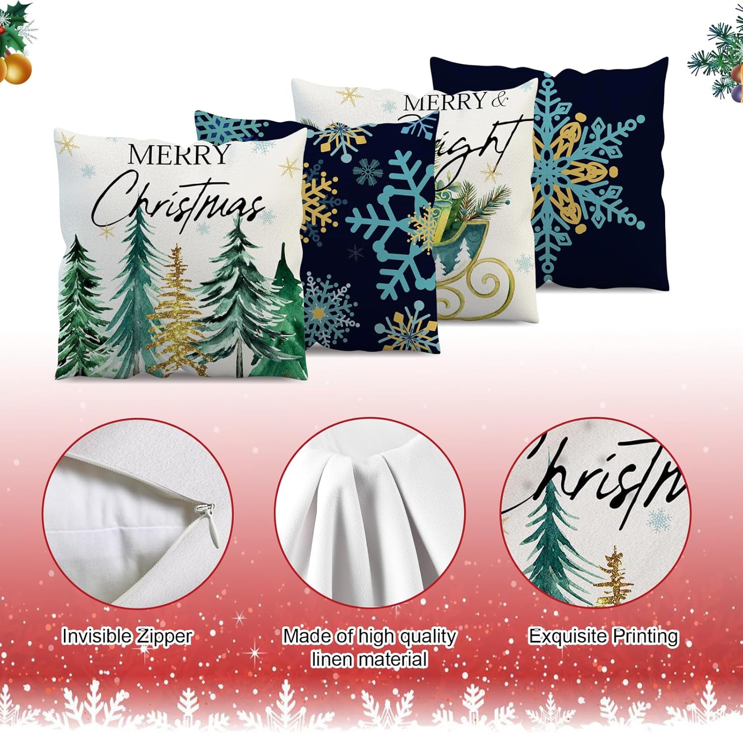 APROPHIC Juego de 4 fundas de almohada de árbol de Navidad de 18 x 18 pulgadas, decoración del hogar, Navidad, eucalipto, camión, copos de nieve