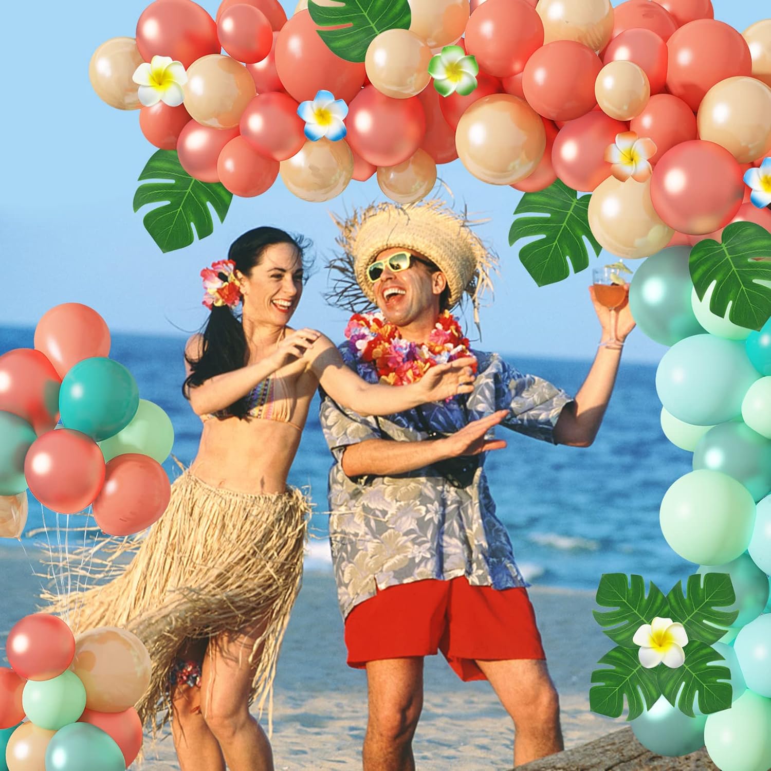 Ouddy Party Kit de arco de guirnalda de globos tropicales, globos de 12 pulgadas, 10 pulgadas, 5 pulgadas, color oro rosa, azul rubor, hojas de