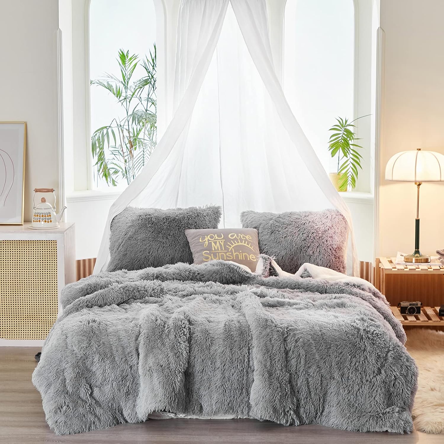 Juego de edredón de lujo de pelo sintético lanudo tamaño individual, edredón reversible de felpa y sherpa, color gris, juego de ropa de cama mullido