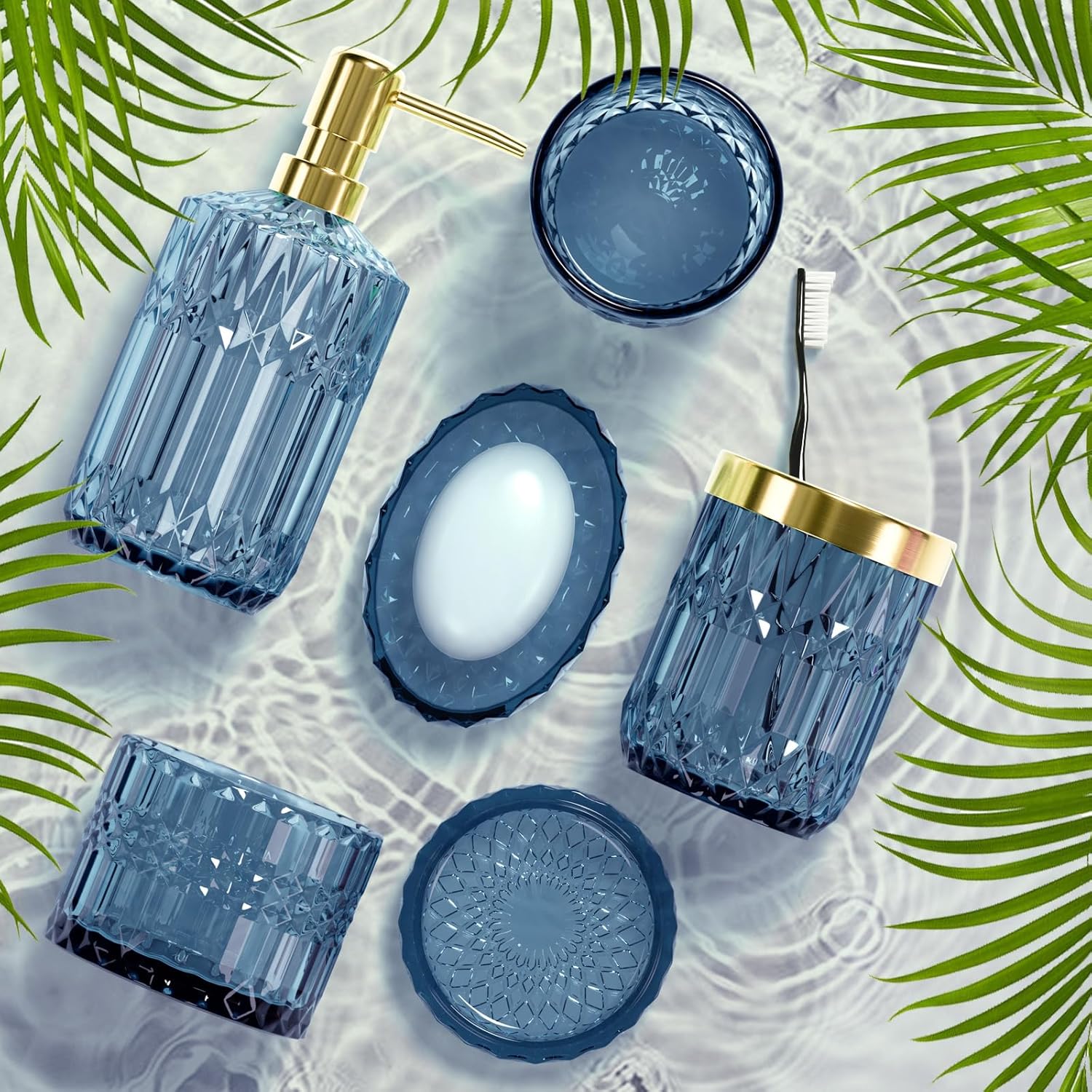 Juego de 5 accesorios de baño azules, modernos accesorios de baño de vidrio con dispensador de jabón de loción, jabonera, soporte para cepillos de