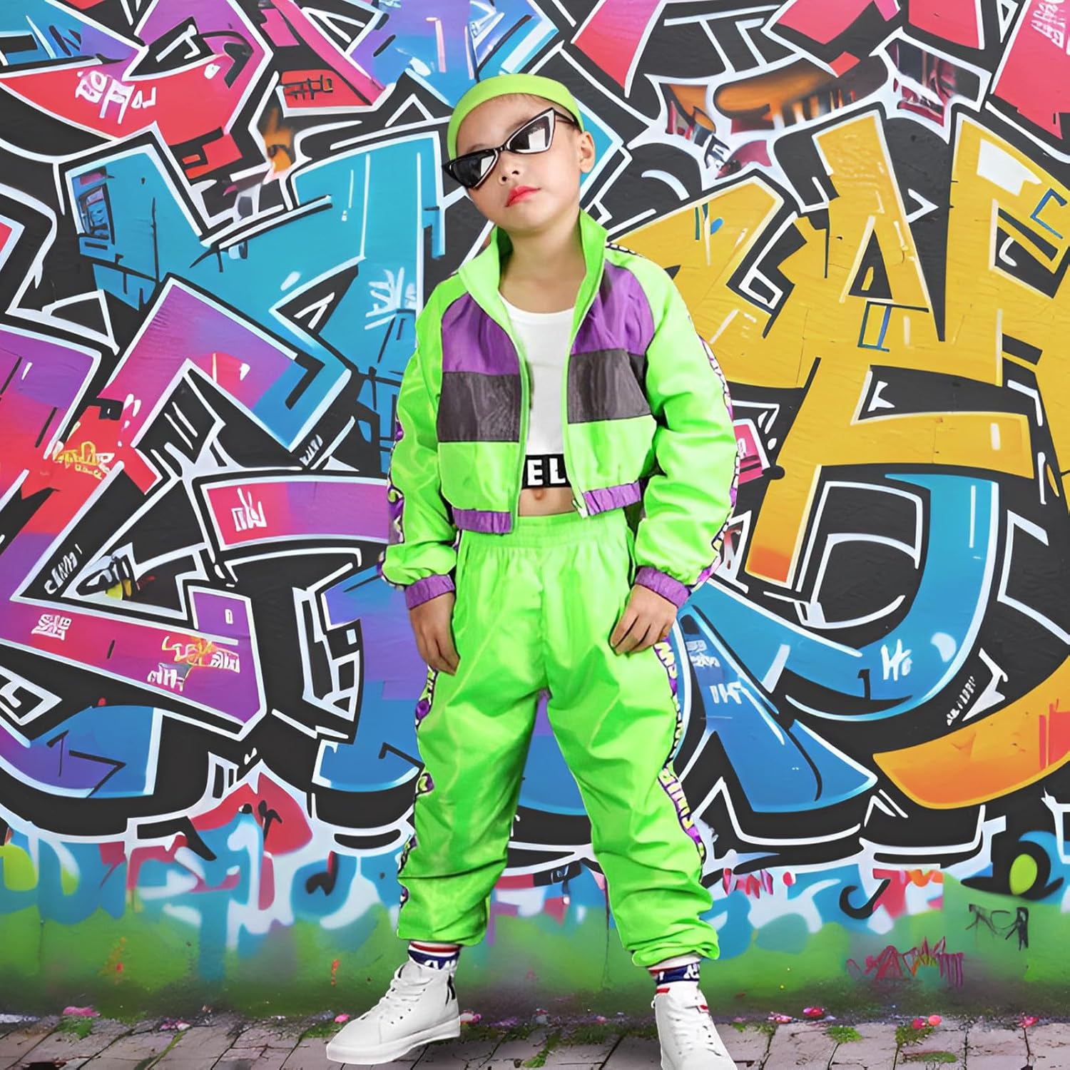 Alaiyaky Disfraz de hip hop para niños y niñas, conjunto de ropa de baile de los años 90, disfraz de K-pop conjunto de pantalón