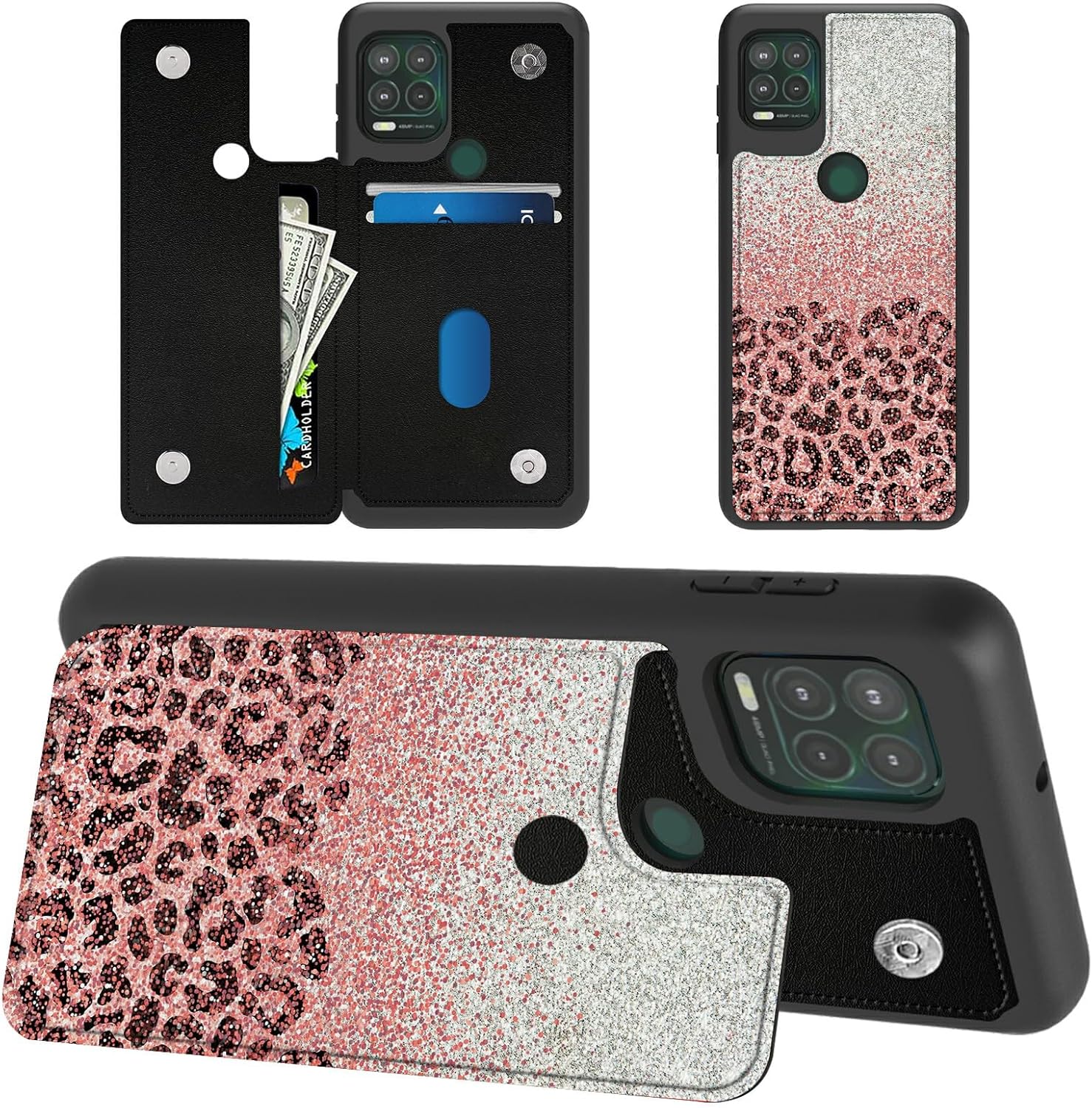 Funda tipo cartera con purpurina de leopardo rosa para Moto G Stylus 5G 2021 con soporte para tarjetas, bloqueo RFID, piel sintética suave, función