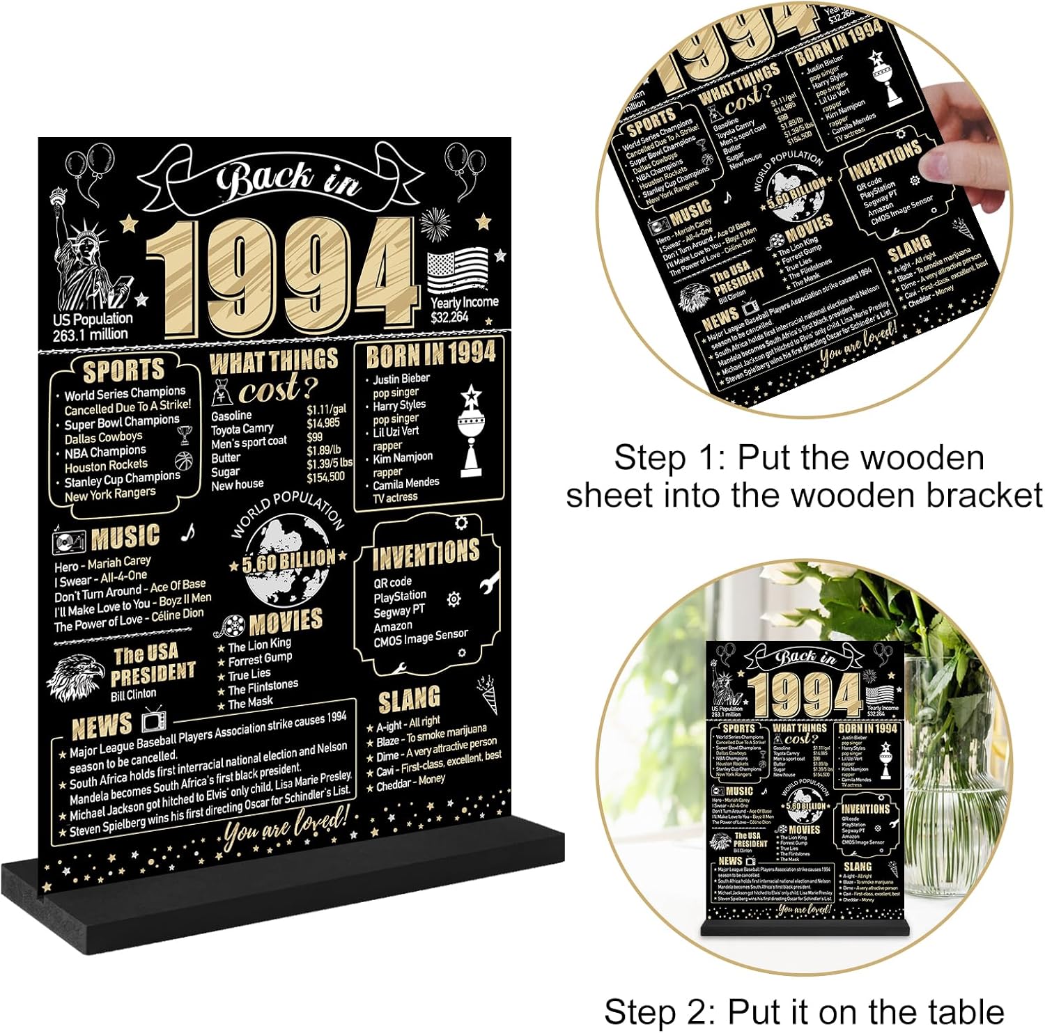 Letrero de mesa de 30 cumpleaños con texto en inglés “Back in 1994” para hombres y mujeres, póster de mesa de madera de dos caras con soporte para