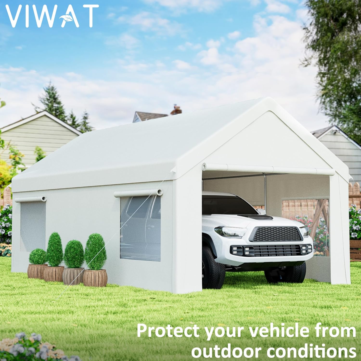 Carport – Toldo resistente de 12 x 20 pies con base mejorada y puerta de apertura lateral, garaje portátil para camioneta, barcos, automóvil y