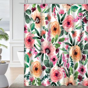 GALMAXS7 Cortina de ducha rosa y naranja, cortina de ducha de flores y hojas para baño con 12 ganchos, decoración de baño vintage con flores GALMAXS7 Cortina de ducha rosa y naranja, cortina de ducha de flores y hojas para baño con 12 ganchos, decoración de baño vintage con flores