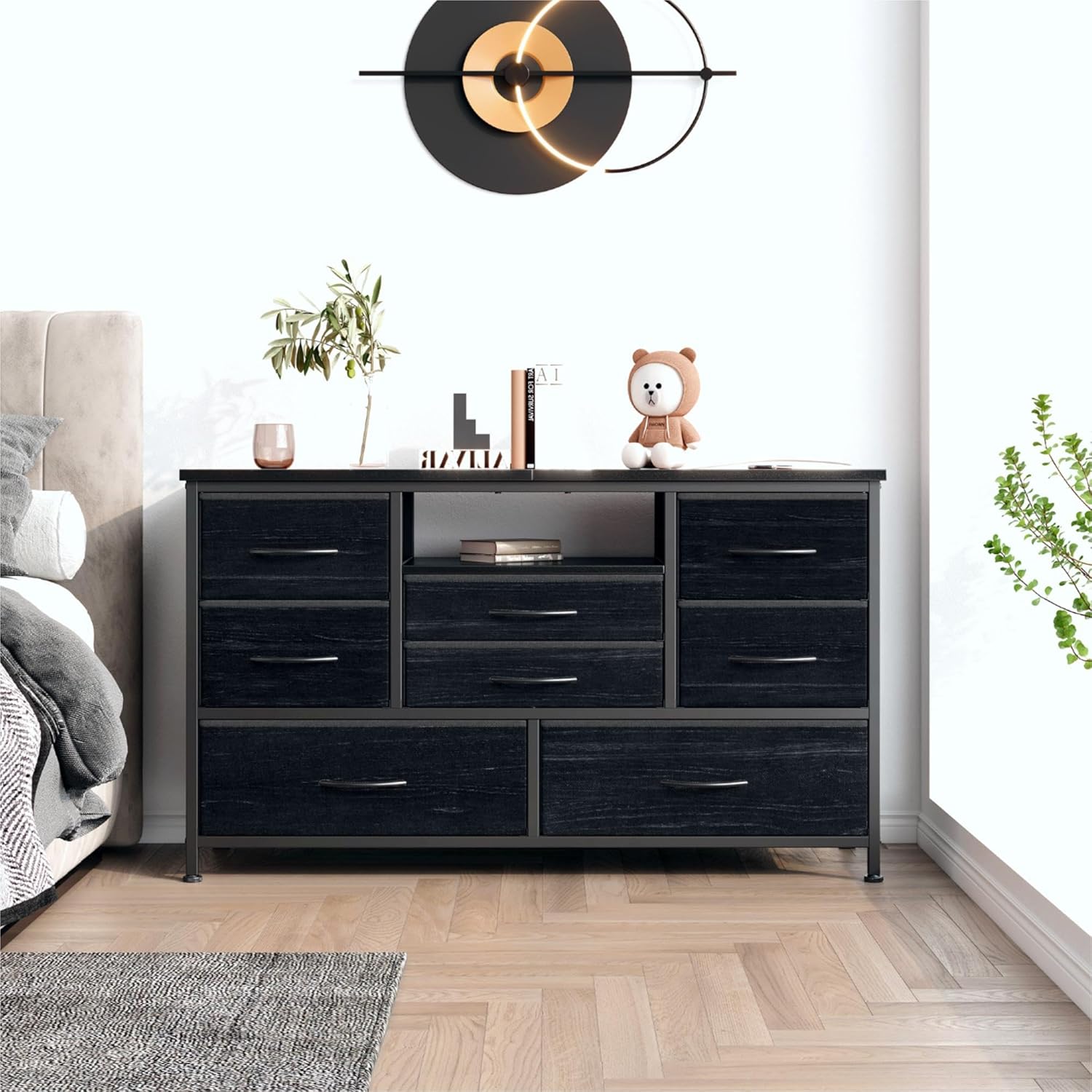 Soporte de TV de 8 aparadores con toma de corriente y LED para TV de 55 pulgadas, cómoda larga para dormitorio con 8 cajones profundos, mesa consola