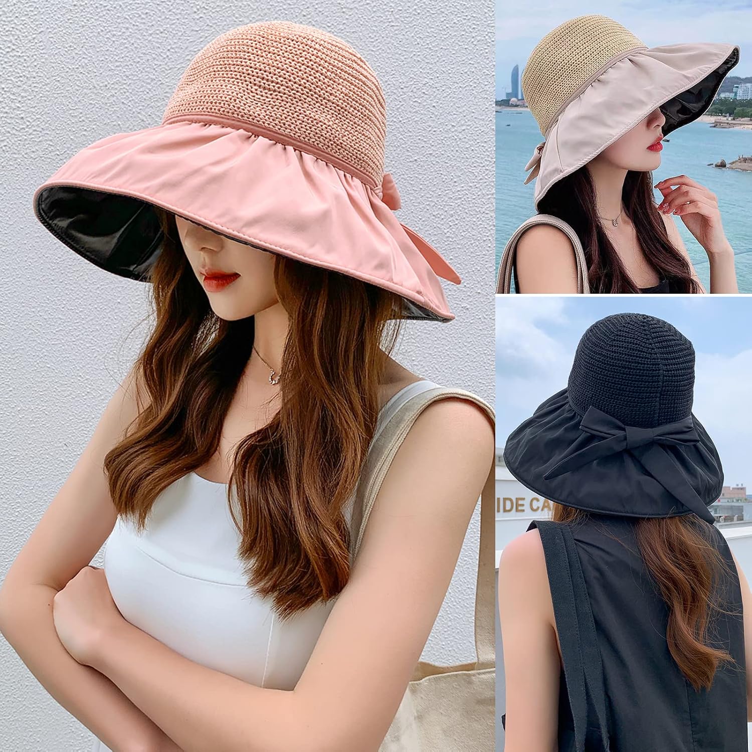 Sombrero de sol para mujer, sombrero de paja con protector solar de playa, sombrero plegable de borde ancho, banda resistente al viento y manga de