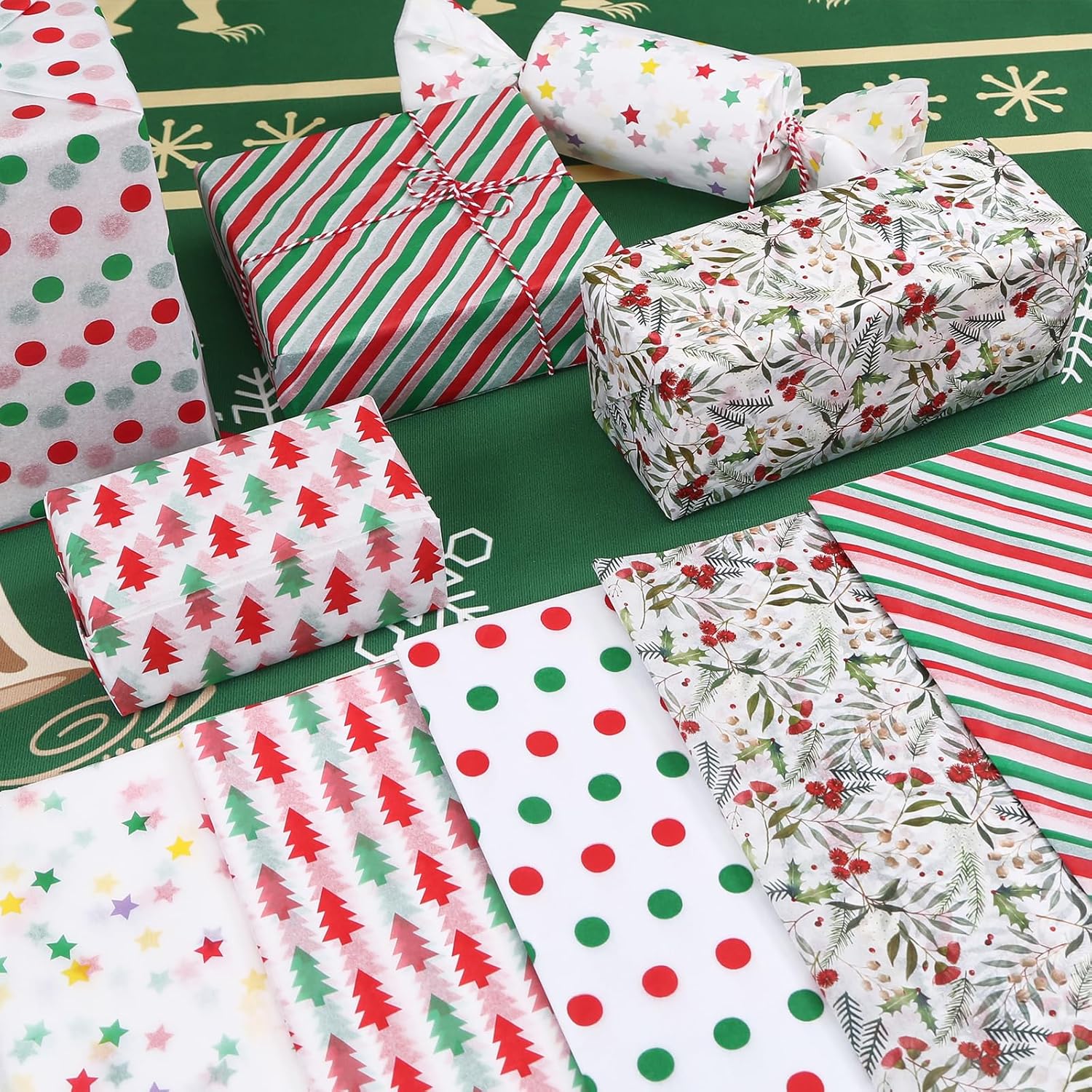 PAPER FAIR Juego de 100 hojas de papel de seda de regalo de estrella de Navidad, papel de seda surtido de regalos de Navidad, color rojo y verde,
