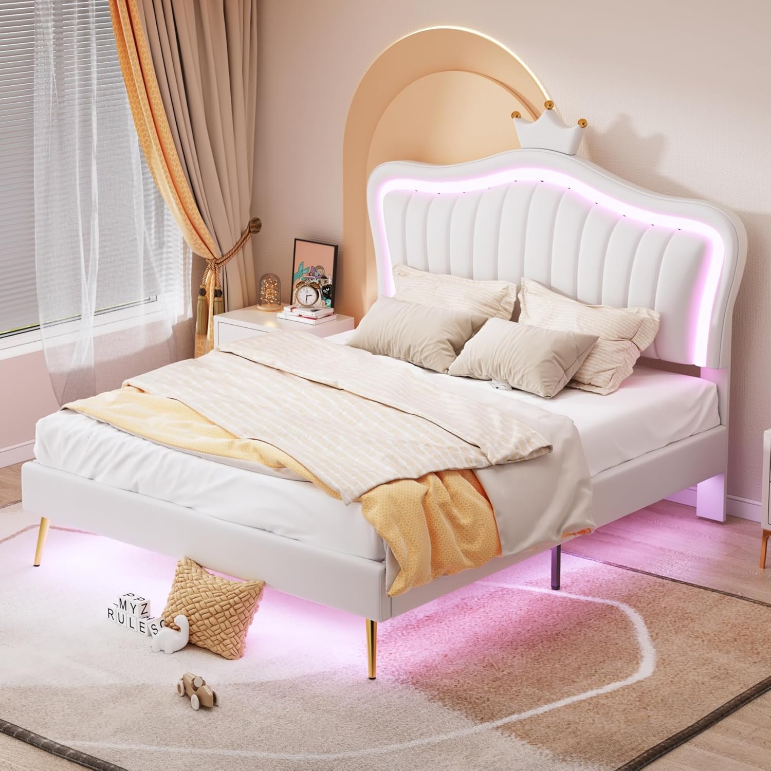 Cama de princesa tamaño Queen con luces LED, marco de cama para niños, con cabecero corona, plataforma tapizada para niños y adolescentes, no