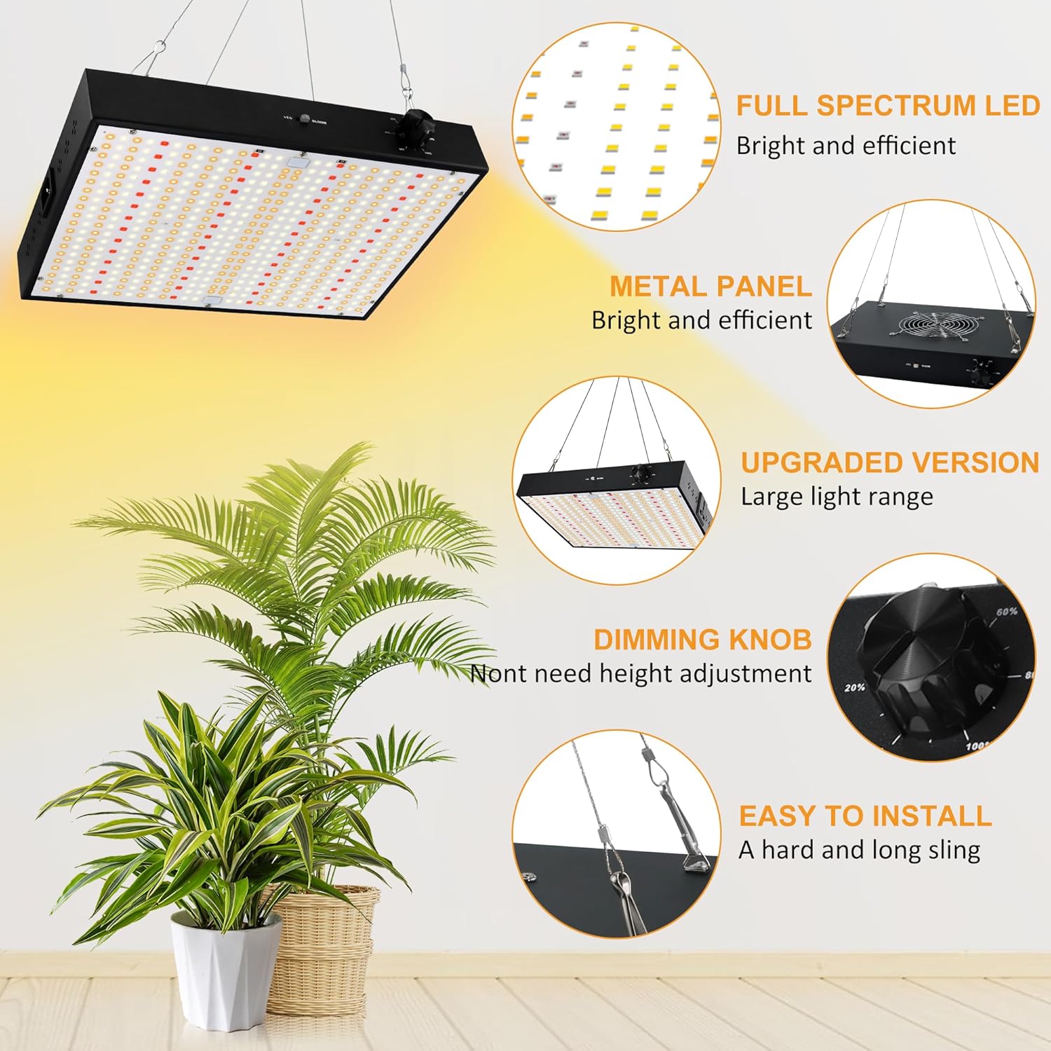 ROOAUG Luces LED de crecimiento de 1000 W, luces regulables de espectro completo con ventilador integrado silencioso