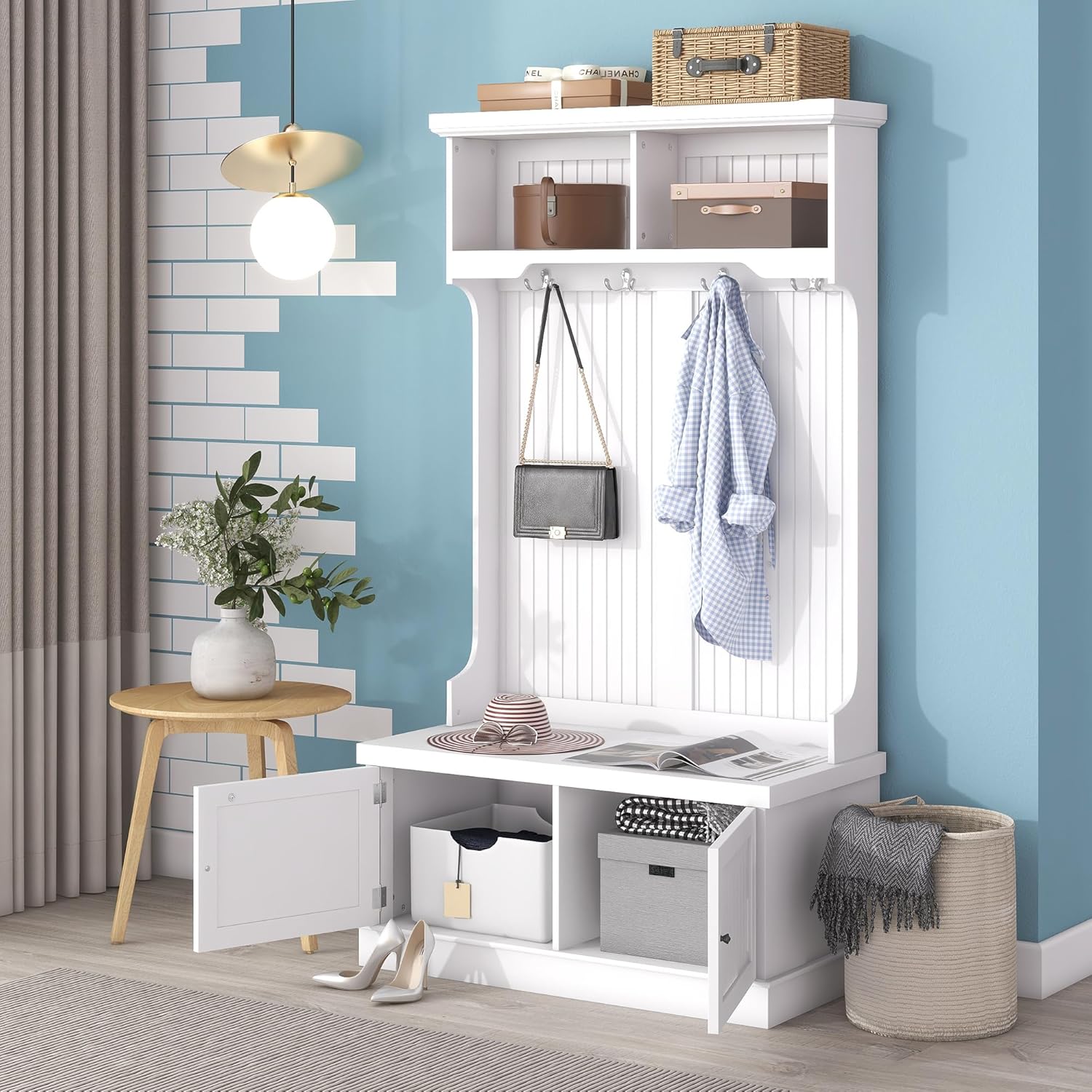 LUMISOL Árbol de entrada con banco de almacenamiento y 4 ganchos, diseño 4 en 1, percheros con 4 ganchos para sala de estar, pasillo, color blanco