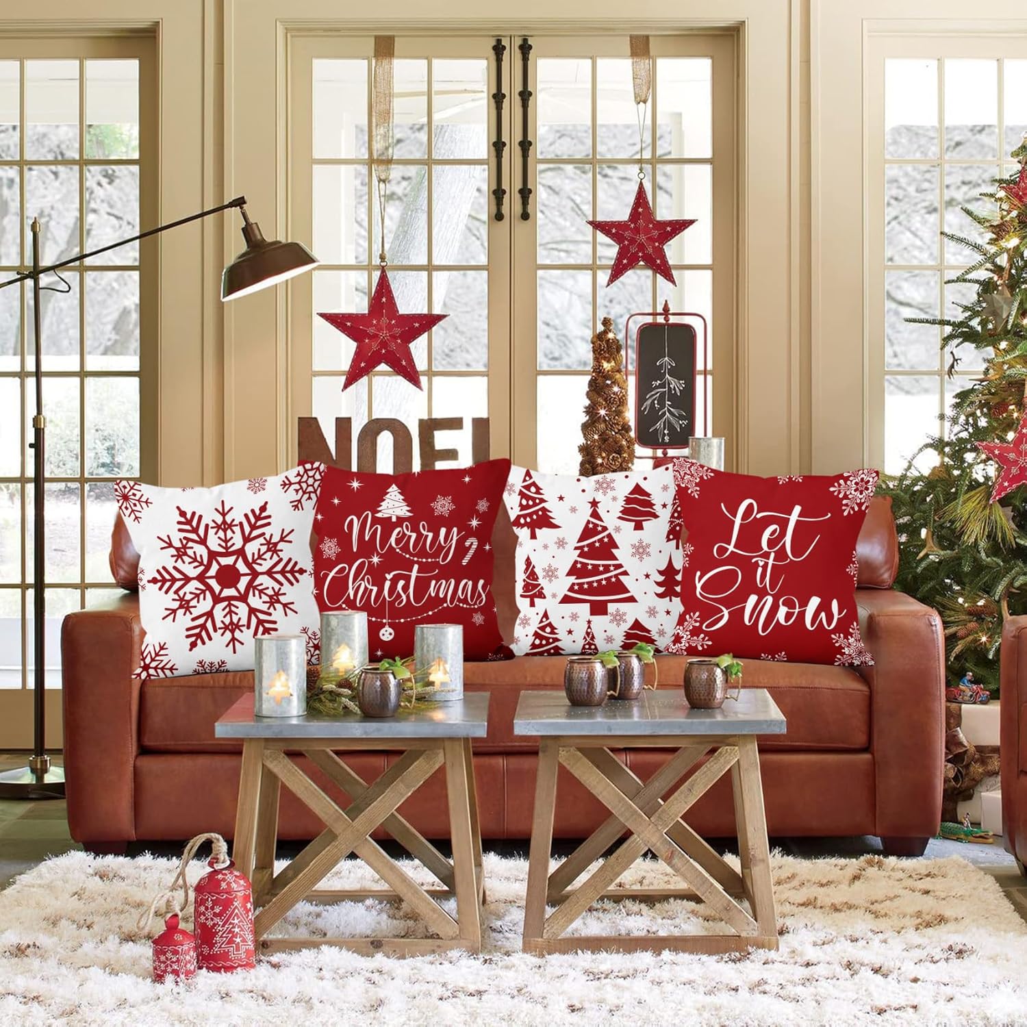Juego de 4 fundas de almohada rojas de Navidad de 18 x 18 pulgadas, decoraciones navideñas con copos de nieve, fundas de almohada de árbol de