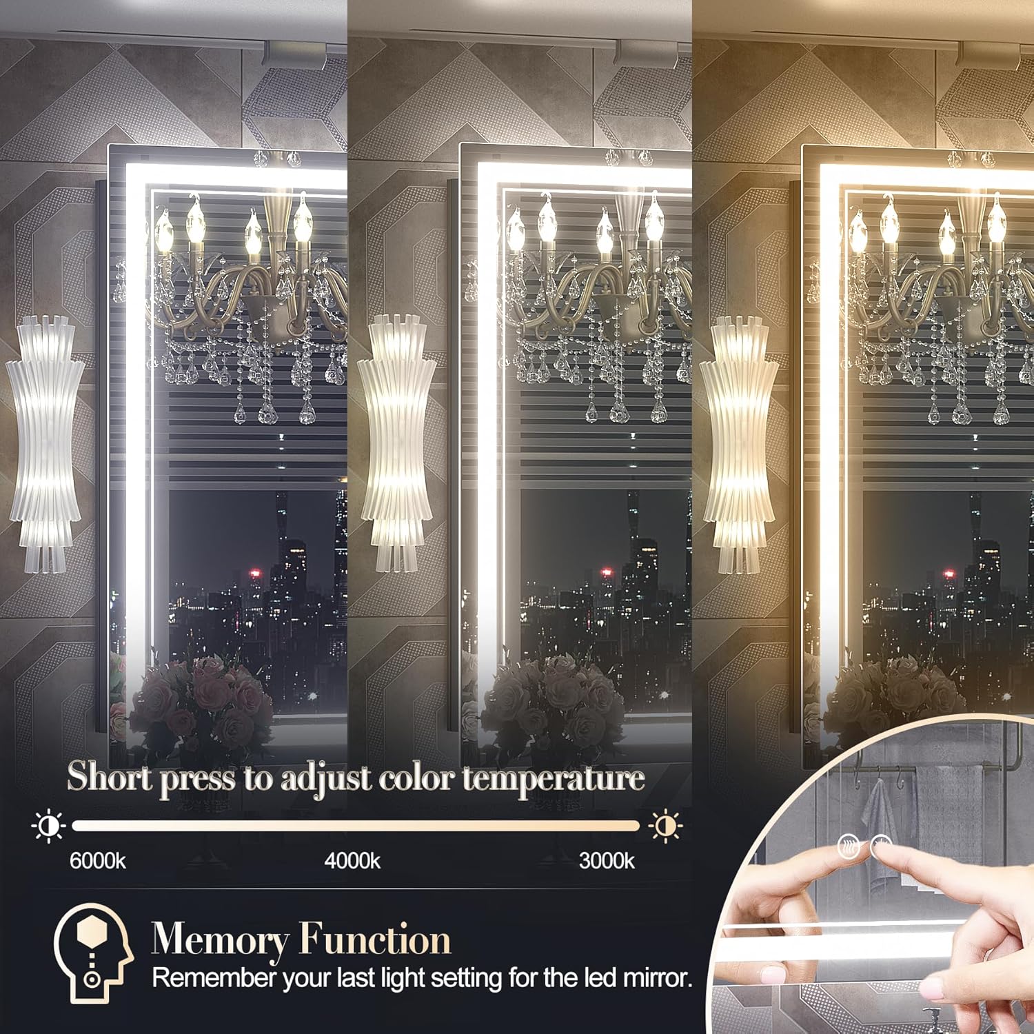 OKPAL Espejo de baño LED de 40 x 36 pulgadas para pared, espejo de baño iluminado con luz frontal regulable, antivaho, a prueba de roturas,