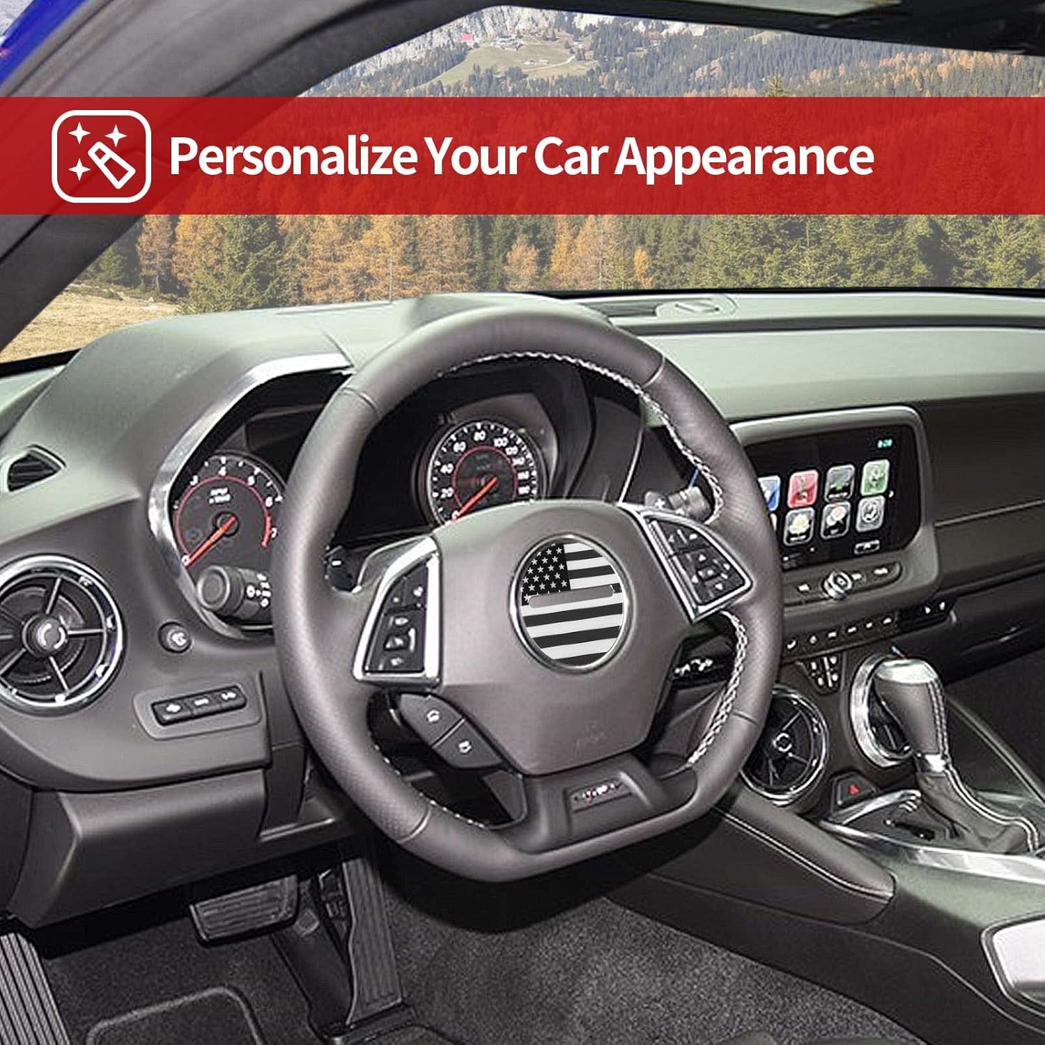 CheroCar Adhesivo decorativo para volante, accesorios interiores compatibles con Chevrolet Camaro 2016 2017 2018 2019 2020 2021 2022, bandera