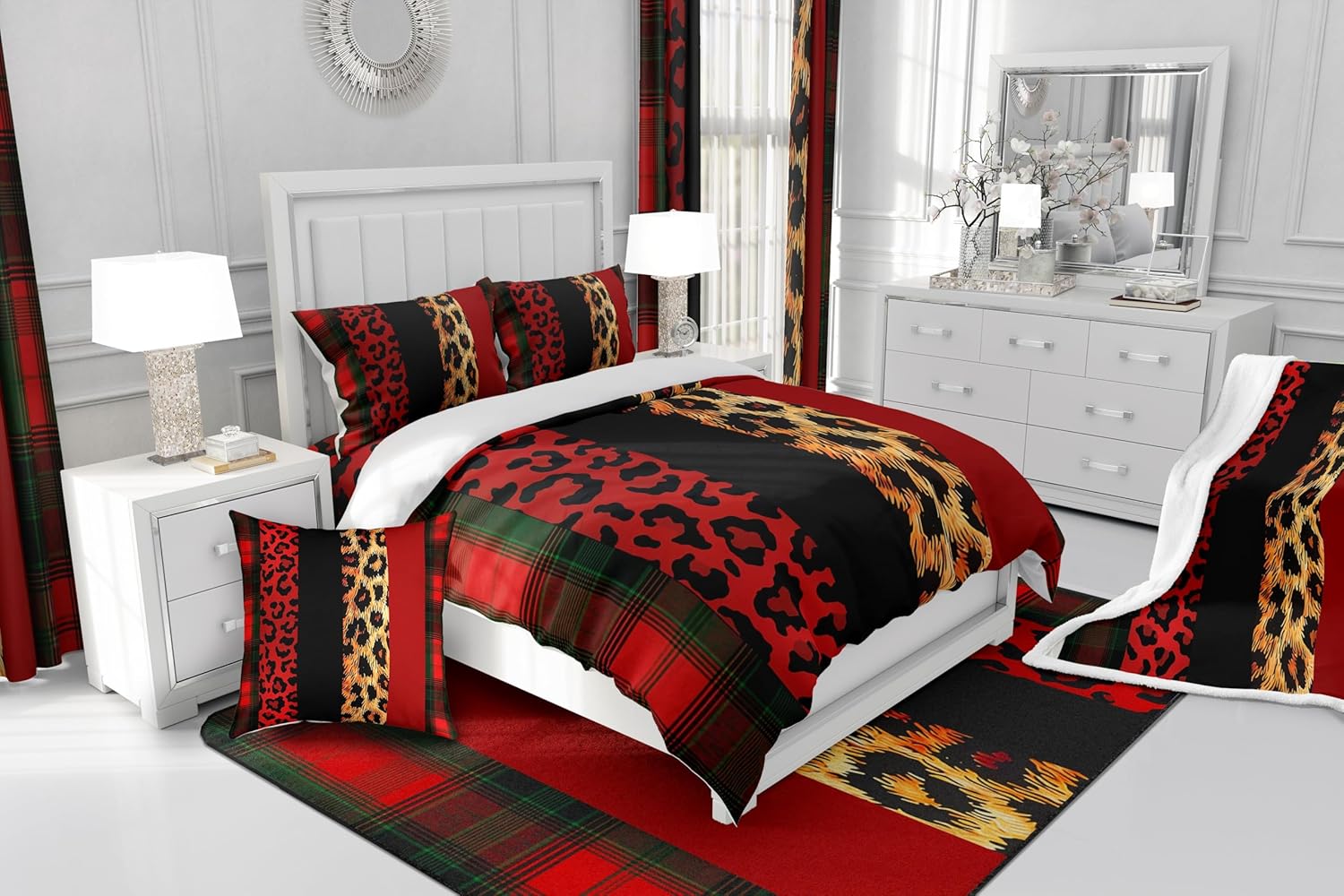 Manfei Sábana bajera ajustable con estampado de leopardo, tamaño individual, juego de ropa de cama a cuadros rojos y negros, 2 piezas para
