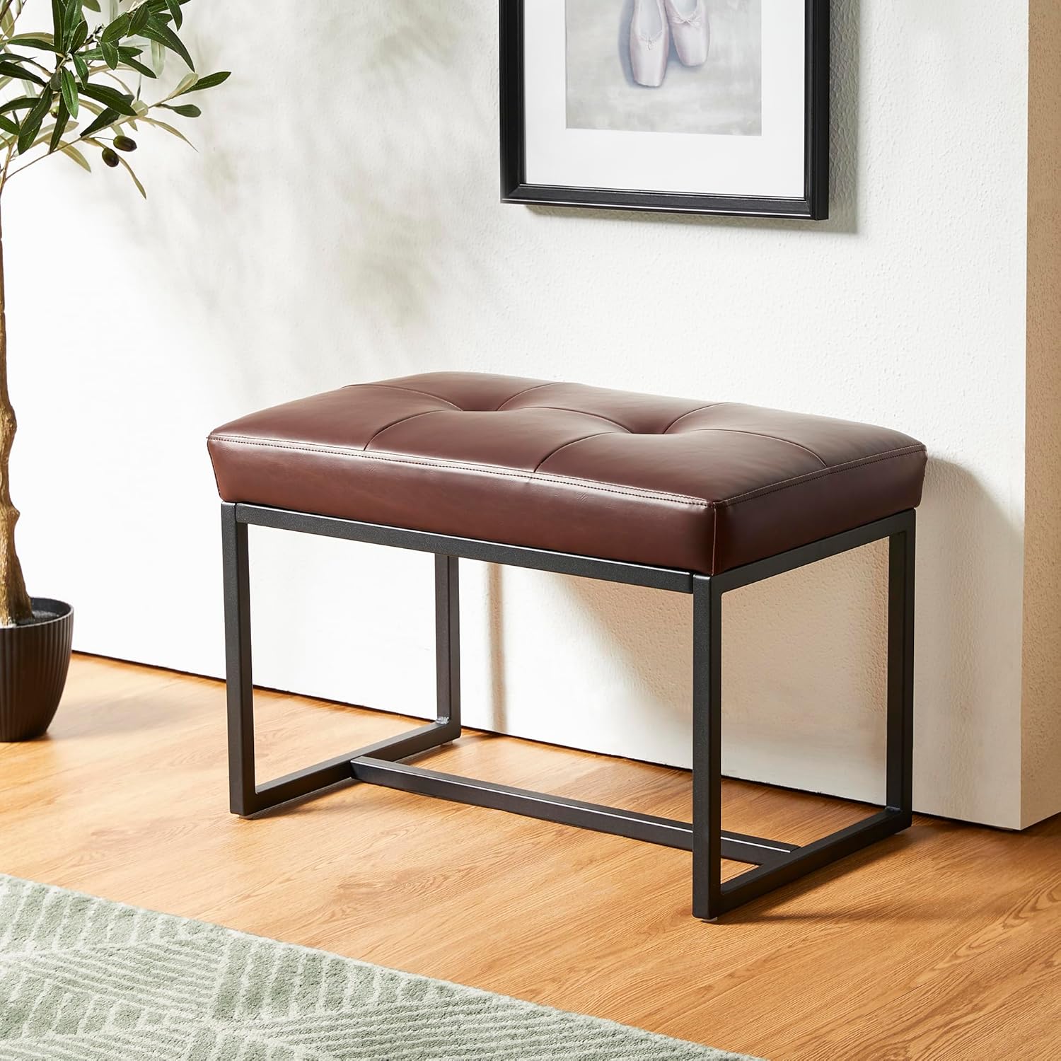 glitzhome Banco otomano, moderno taburete de tocador de piel sintética con marco de metal, taburete de maquillaje, taburete acolchado para