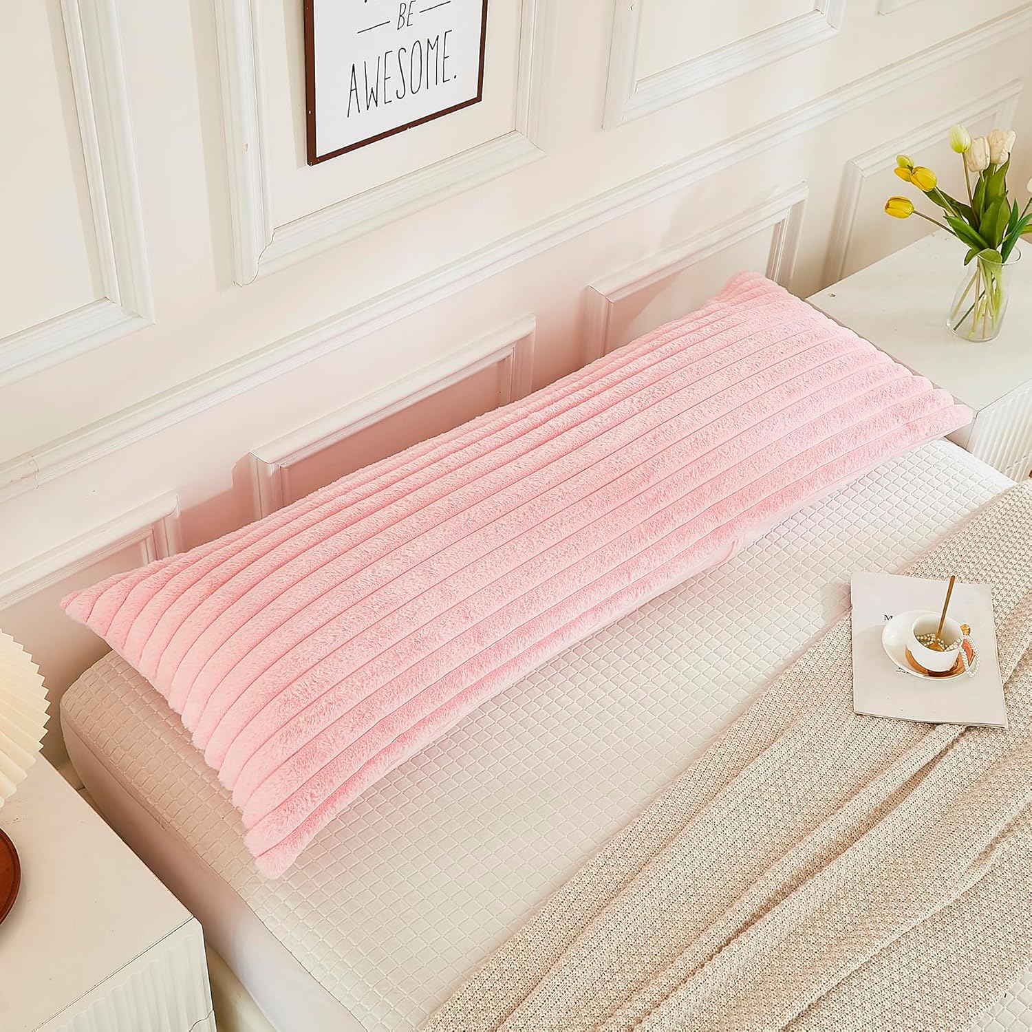 JAUXIO Funda de almohada de cuerpo esponjoso de piel sintética de lujo, funda de almohada decorativa de felpa a rayas, ultra suave y acogedora,