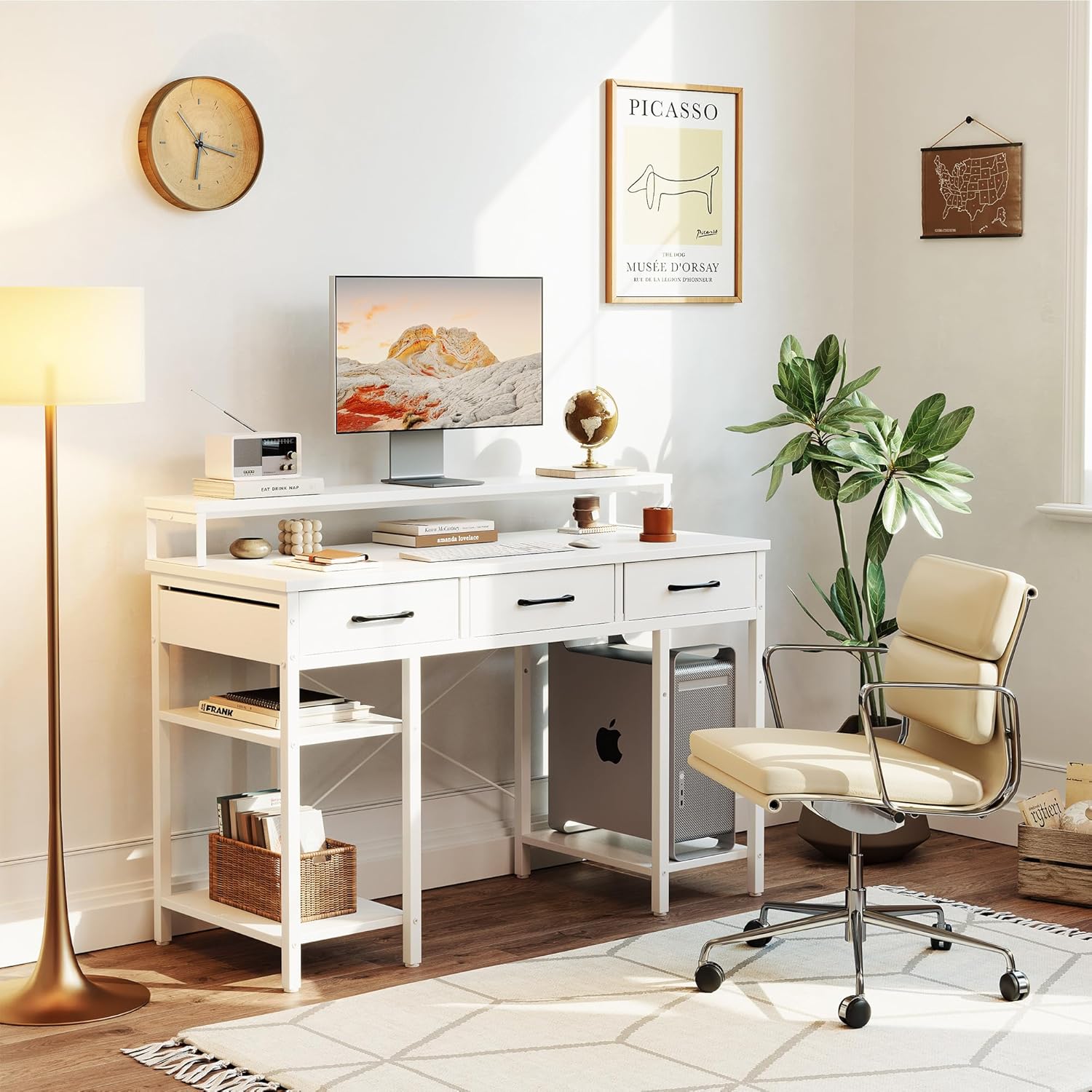 CubiCubi Escritorio de oficina para computadora de 47 pulgadas con cajones de tela y estantes de almacenamiento, escritorio pequeño y moderno con