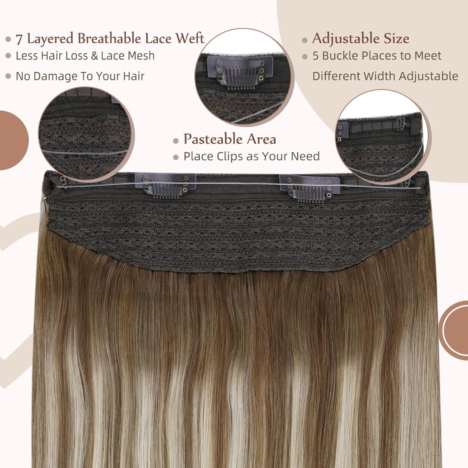 Fshine – Extensiones de cabello humano con alambre invisible, castaño degradado #6606, con hilo de nailon, 20 pulgadas, castaño a rubio platino,