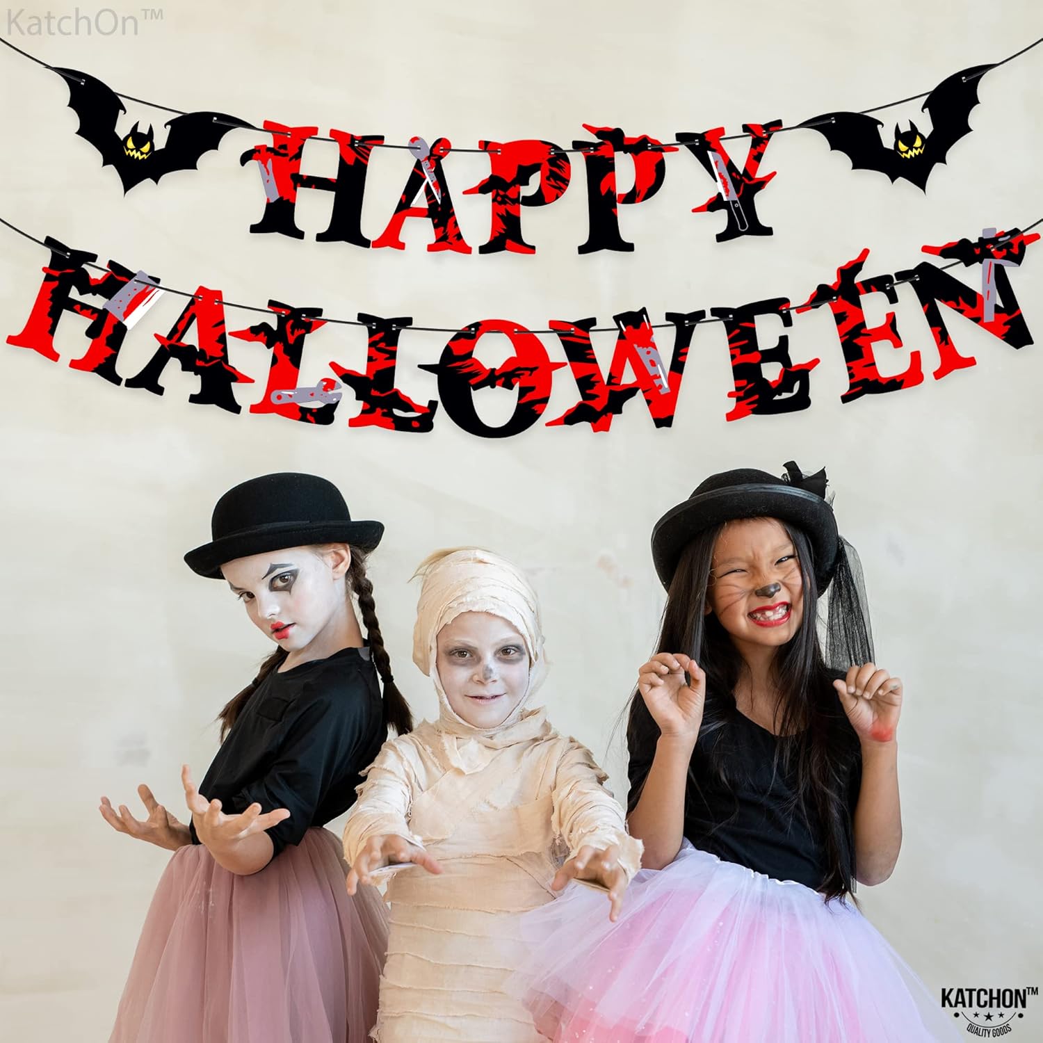 KatchOn, Cartel de Feliz Halloween con murciélagos  Grande de 10 pies, sin bricolaje  Guirnalda de Halloween aterradora para manto, decoraciones de