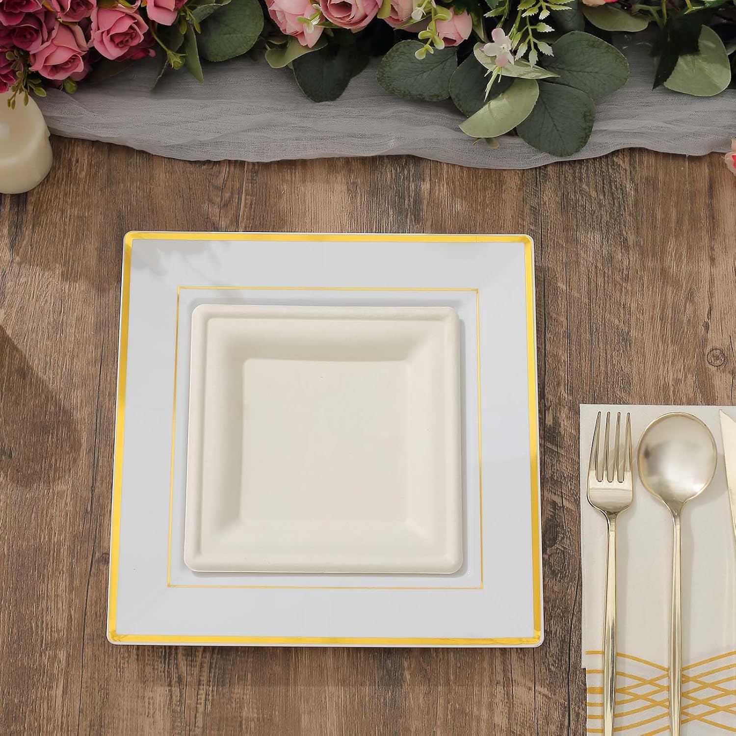 Efavormart – Paquete de 10 platos cuadrados desechables de plástico de 10 pulgadas con borde dorado brillante para bodas, cumpleaños, fiestas,