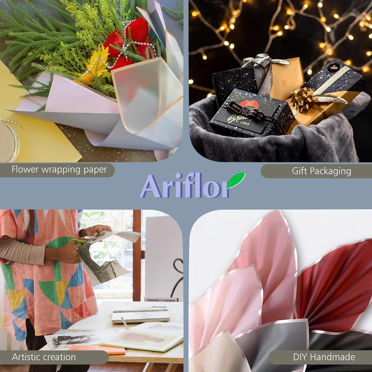 ARIFLOR 20 hojas de papel de ramo de flores impermeables con borde dorado, 20408, papel de regalo de Navidad, embalaje de regalo, manualidades de