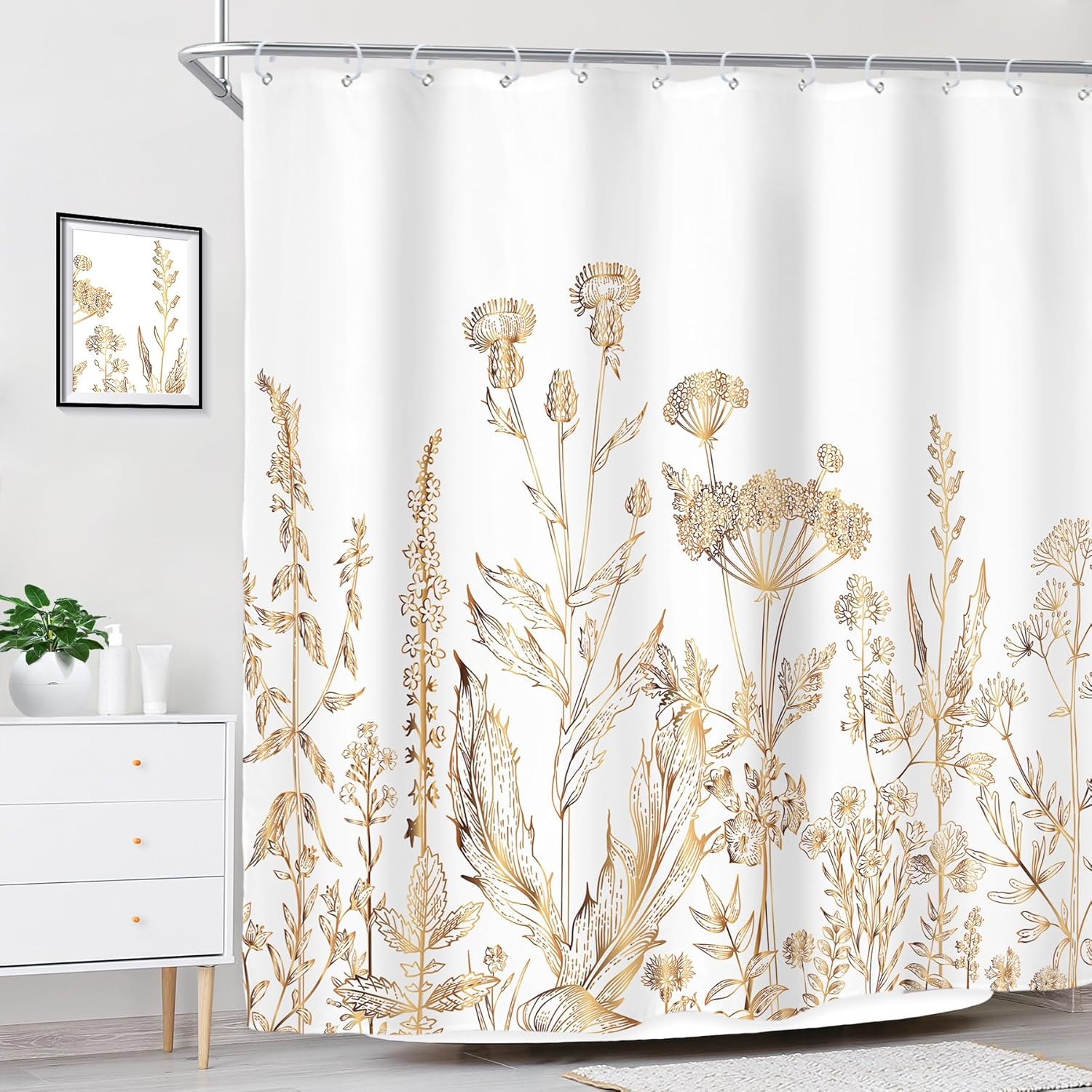 Riyidecor Cortina de ducha con flores silvestres florales de oro blanco para decoración de baño, 72 pulgadas de ancho x 72 pulgadas de alto, hierbas