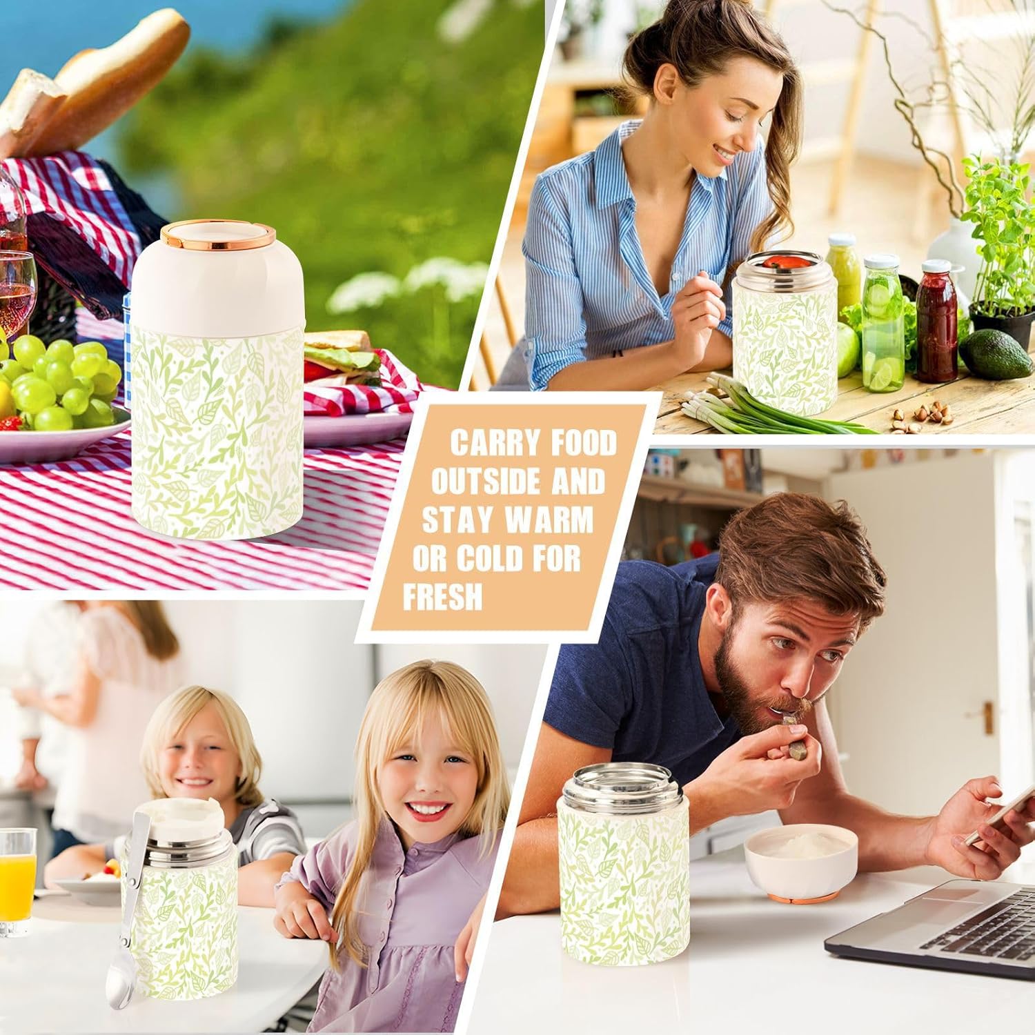 Green Plant Leaf Kids Womens Insulated Food Jar Container with Spoon 17oz500ml Food Containers For Hot Stainless Steel Vacuum Leakproof Insulated