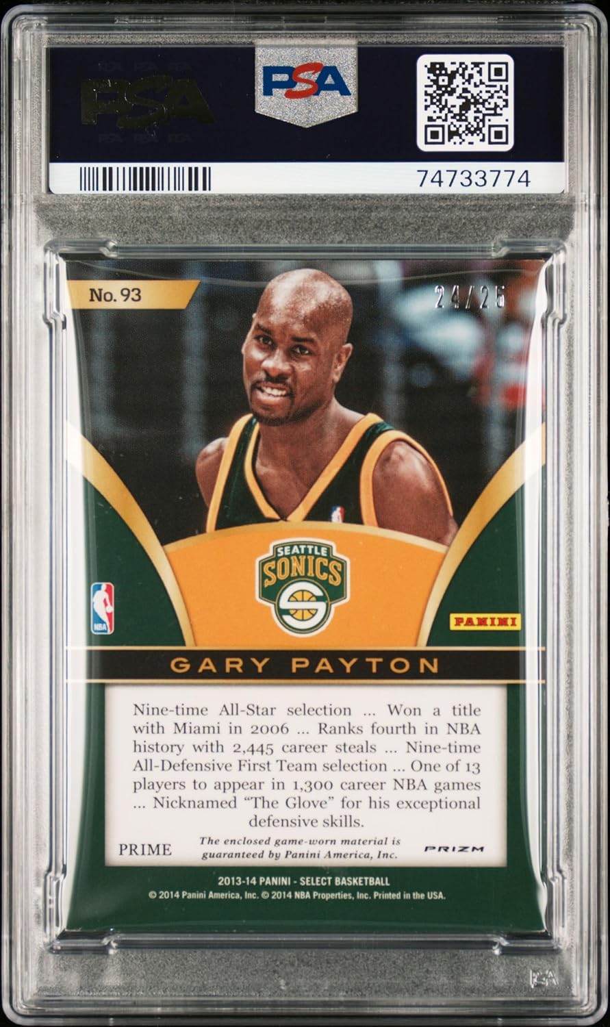 Gary Payton 2013 Panini Select Game Used Swatches Signed Card #93 Auto PSA 10