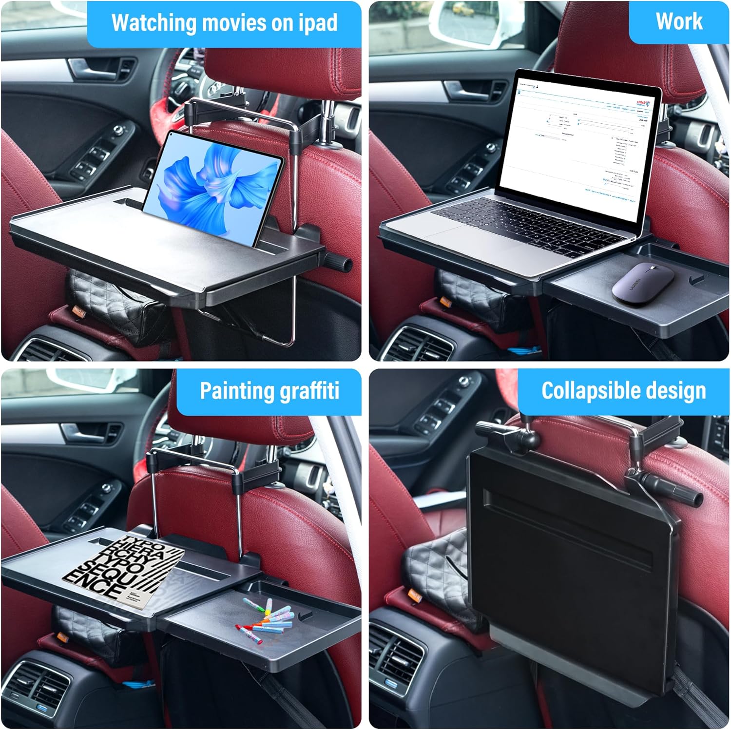 VarCozy Bandeja plegable para volante de automóvil, bandeja plegable para reposacabezas trasero con bandeja expandible y ranura para tazas de