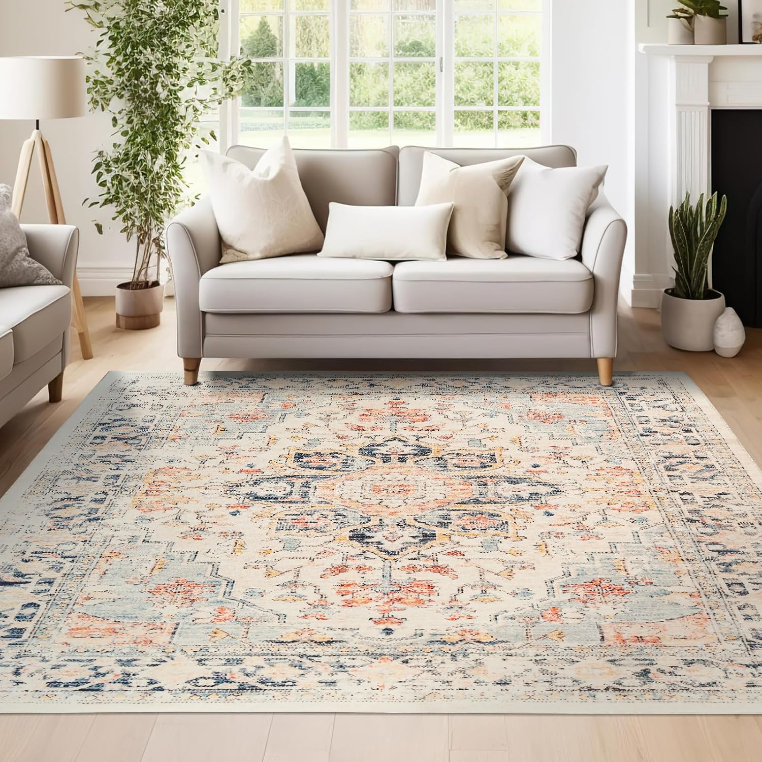 jinchan Alfombra bohemia de 5 x 7 pies, diseño tribal para sala de estar, antideslizante, lavable, alfombra suave para interiores o dormitorio,