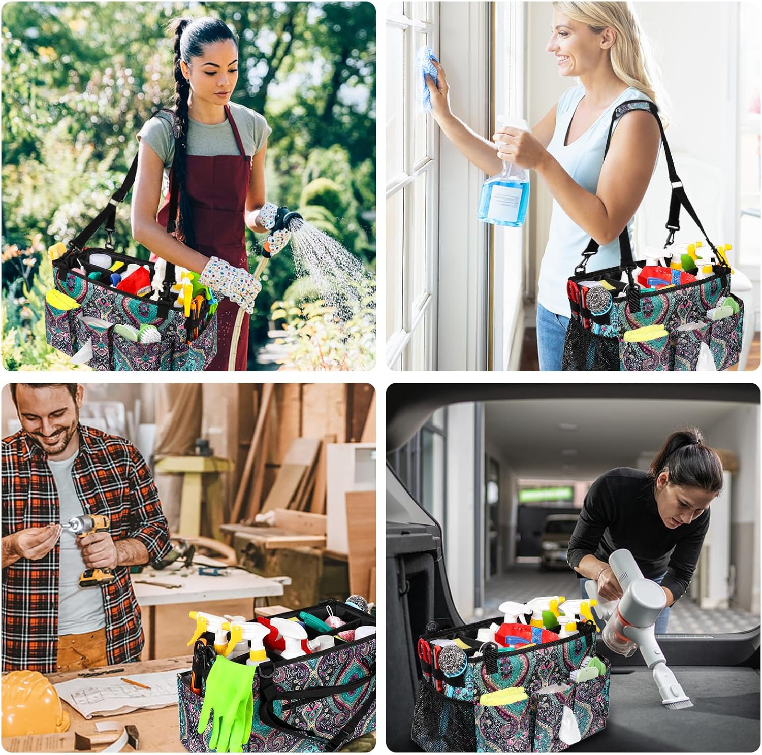 Bolsa grande de limpieza portátil, organizador de limpieza con asa  Correa de hombro y cintura, organizador de suministros de limpieza con divisores