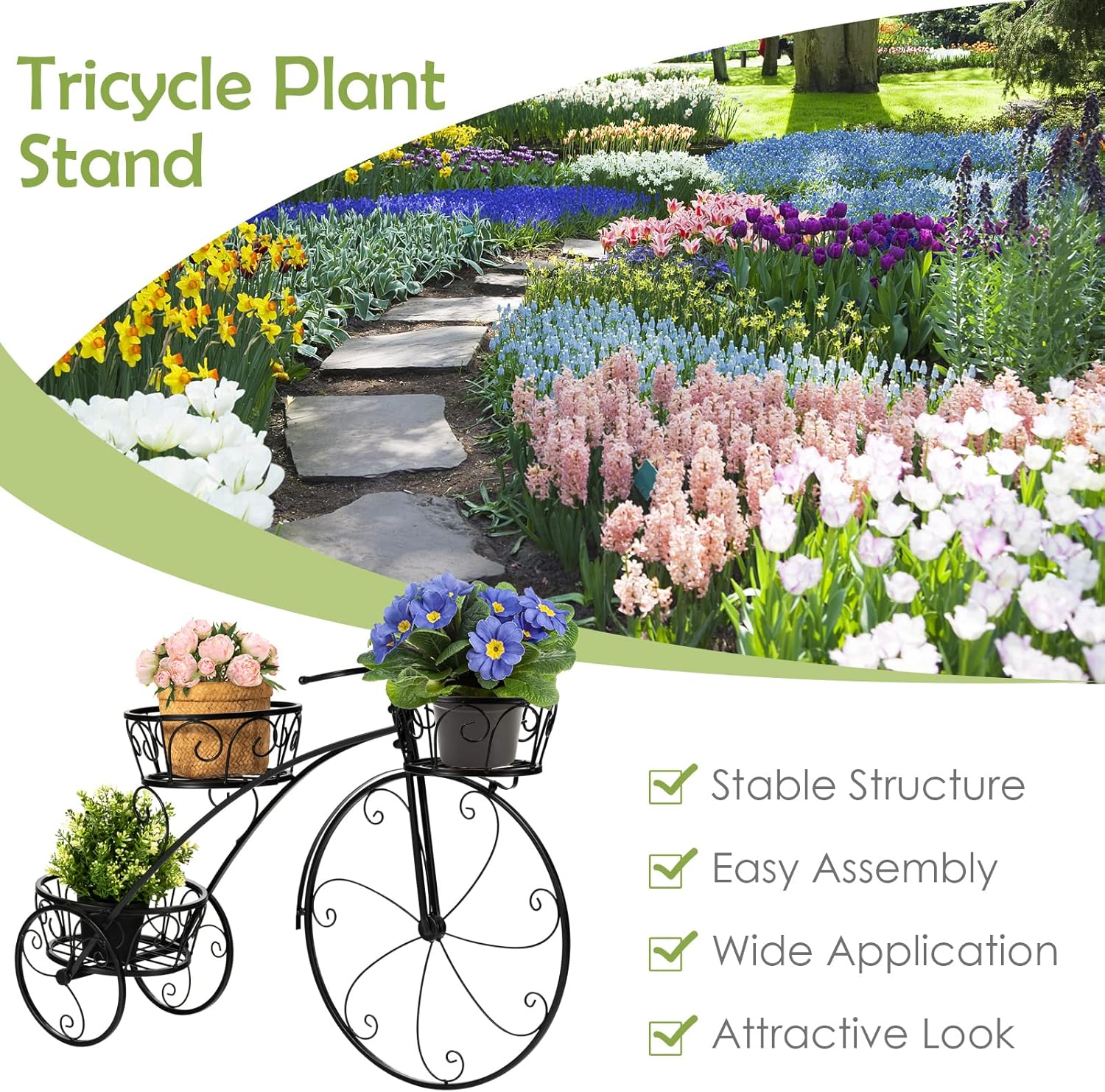 Giantex Maceta de metal para bicicleta, soporte de 3 niveles para plantas de flores con 3 ruedas decorativas, soporte de exhibición de flores de