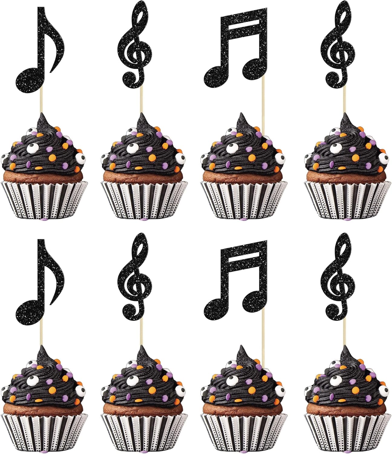 Gyufise 24 piezas de notas musicales para cupcakes, símbolos musicales con purpurina negra, para música rock, concierto, tema de baby shower, boda,
