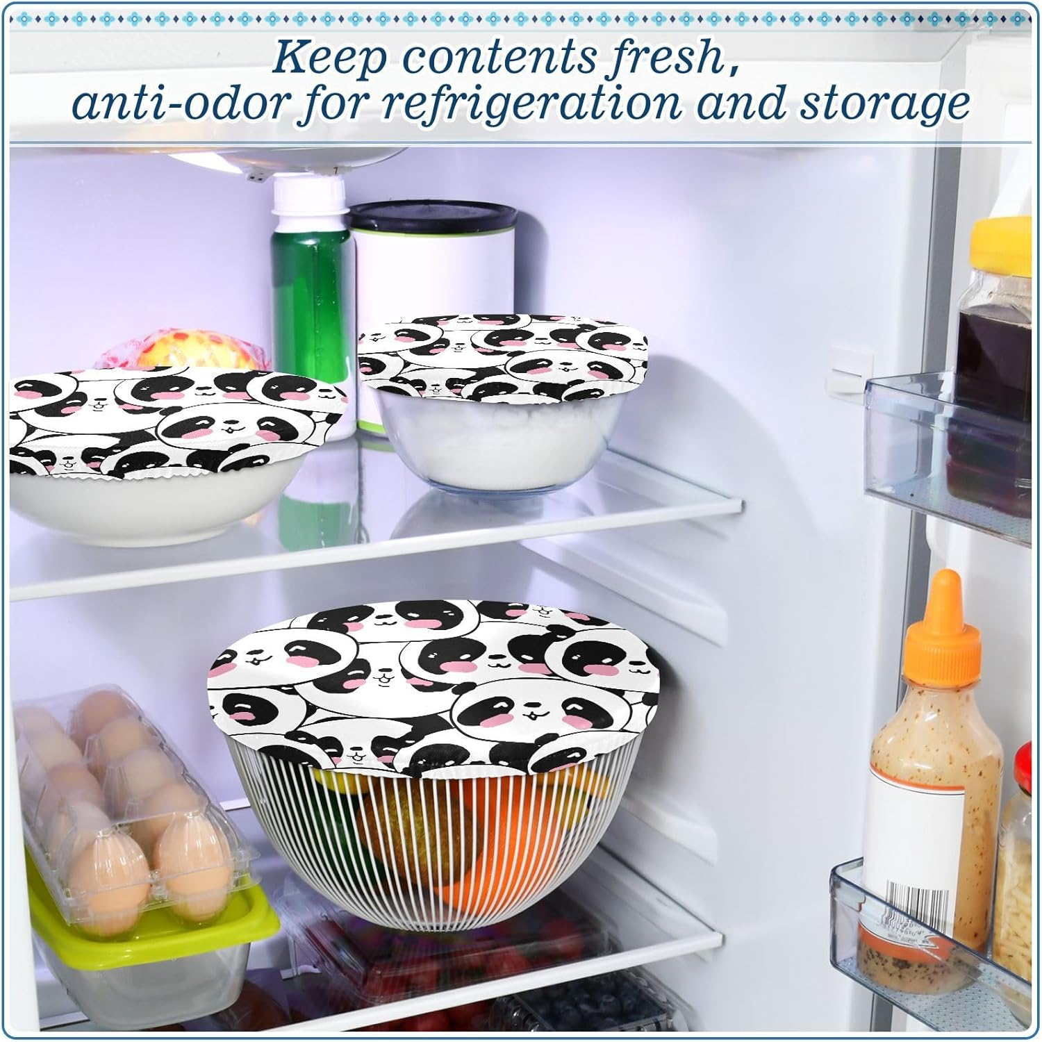 Panda 5PCS Reusable Elastic Bowl Covers for Food Storage Stretch Cloth Fabric Lids with 5 Different Sizes Heat Resistant Food Lids for Fruits