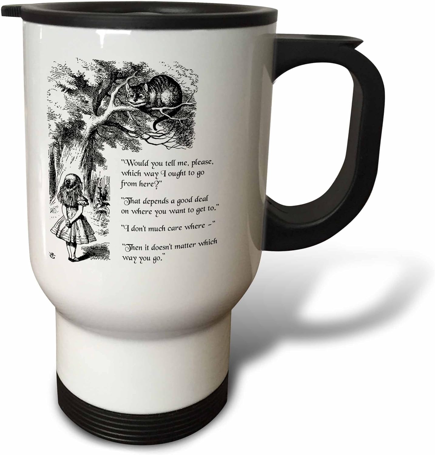 3dRose What Way Ought I Go from Here Cheshire Cat Alicia in Wonderland – Taza de viaje de acero inoxidable, 14 onzas, color blanco
