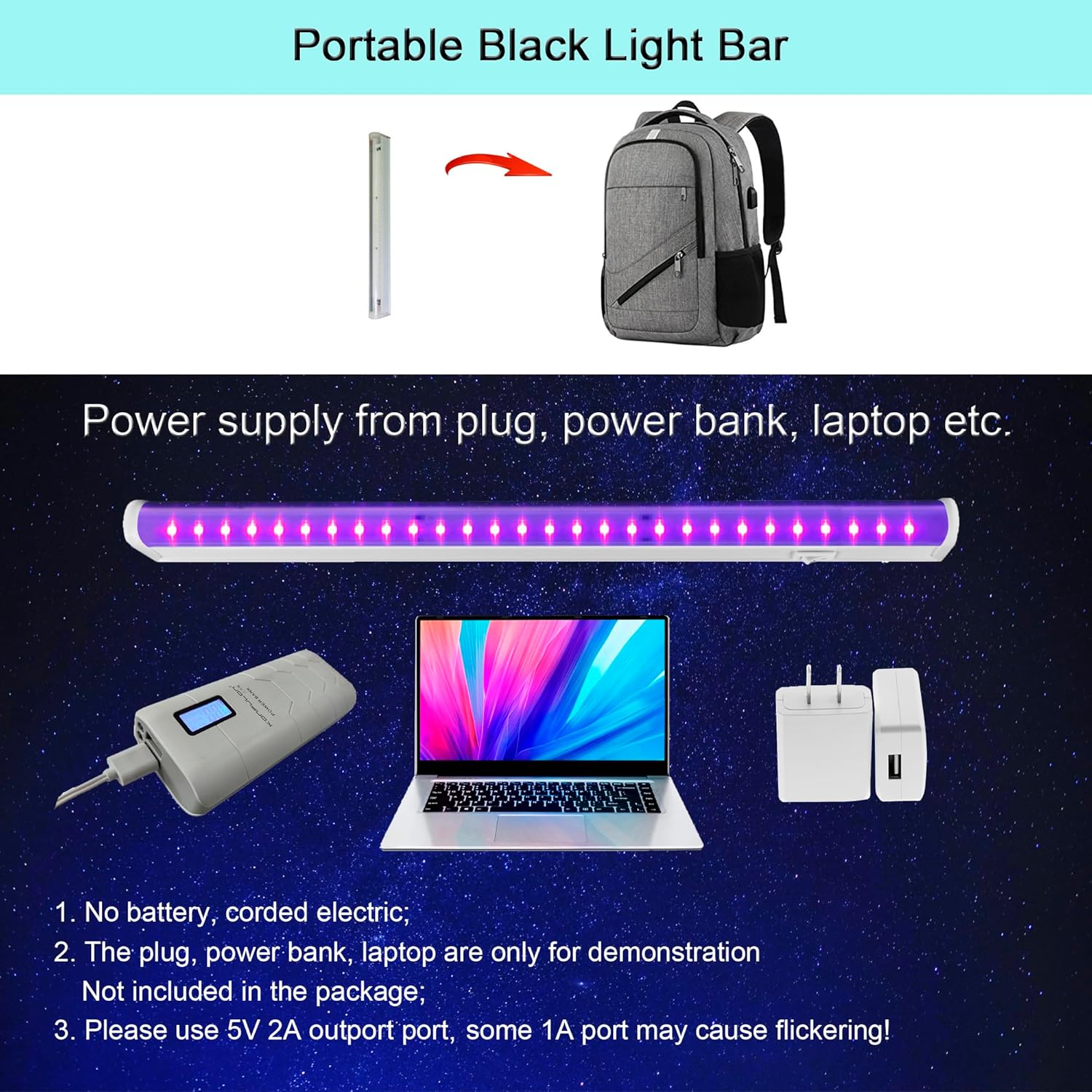 TITO Paquete de 4 barras de luz negra LED UV USB de 10 W y 1 pie, tubo de tira de luz negra montado con imán, barra de luces negras que brillan en