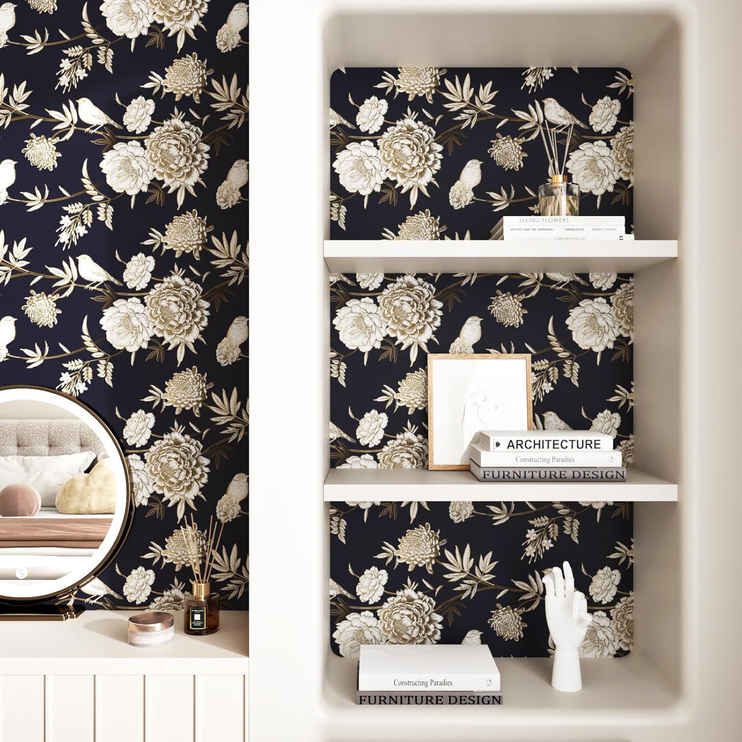 Papel tapiz floral azul marino, rosas doradas, papel tapiz vintage negro claro, papel adhesivo autoadhesivo para revestimiento de estantes, rollo de