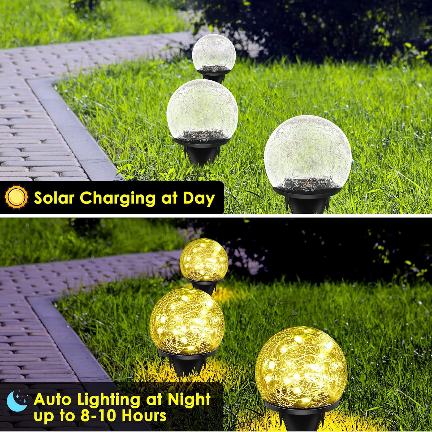 Luces solares de jardín, luces solares de vidrio agrietado cálido, luces LED de bola LED blancas cálidas mejoradas para patio, camino, patio,