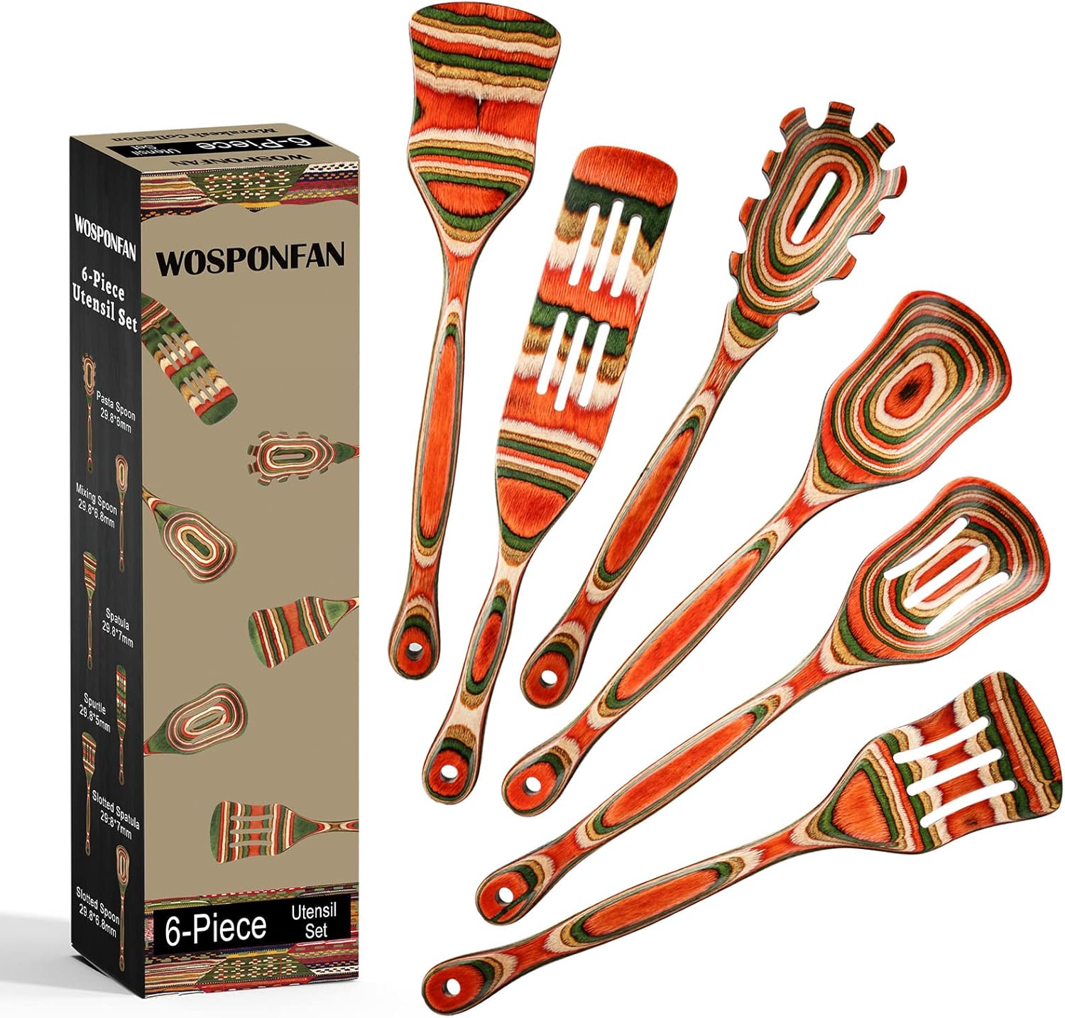 WOSPONFAN – Juego de cucharas de madera para cocinar, juego de utensilios de cocina de madera de Pakkawood, espátula de madera esencial para