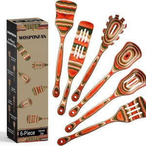WOSPONFAN – Juego de cucharas de madera para cocinar, juego de utensilios de cocina de madera de Pakkawood, espátula de madera esencial para WOSPONFAN – Juego de cucharas de madera para cocinar, juego de utensilios de cocina de madera de Pakkawood, espátula de madera esencial para