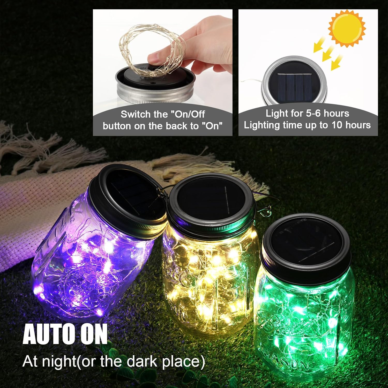 6 luces solares de tarro de masón de Halloween, 30 luces LED, cadena de luces colgantes mini linterna solar impermeable al aire libre centro de mesa